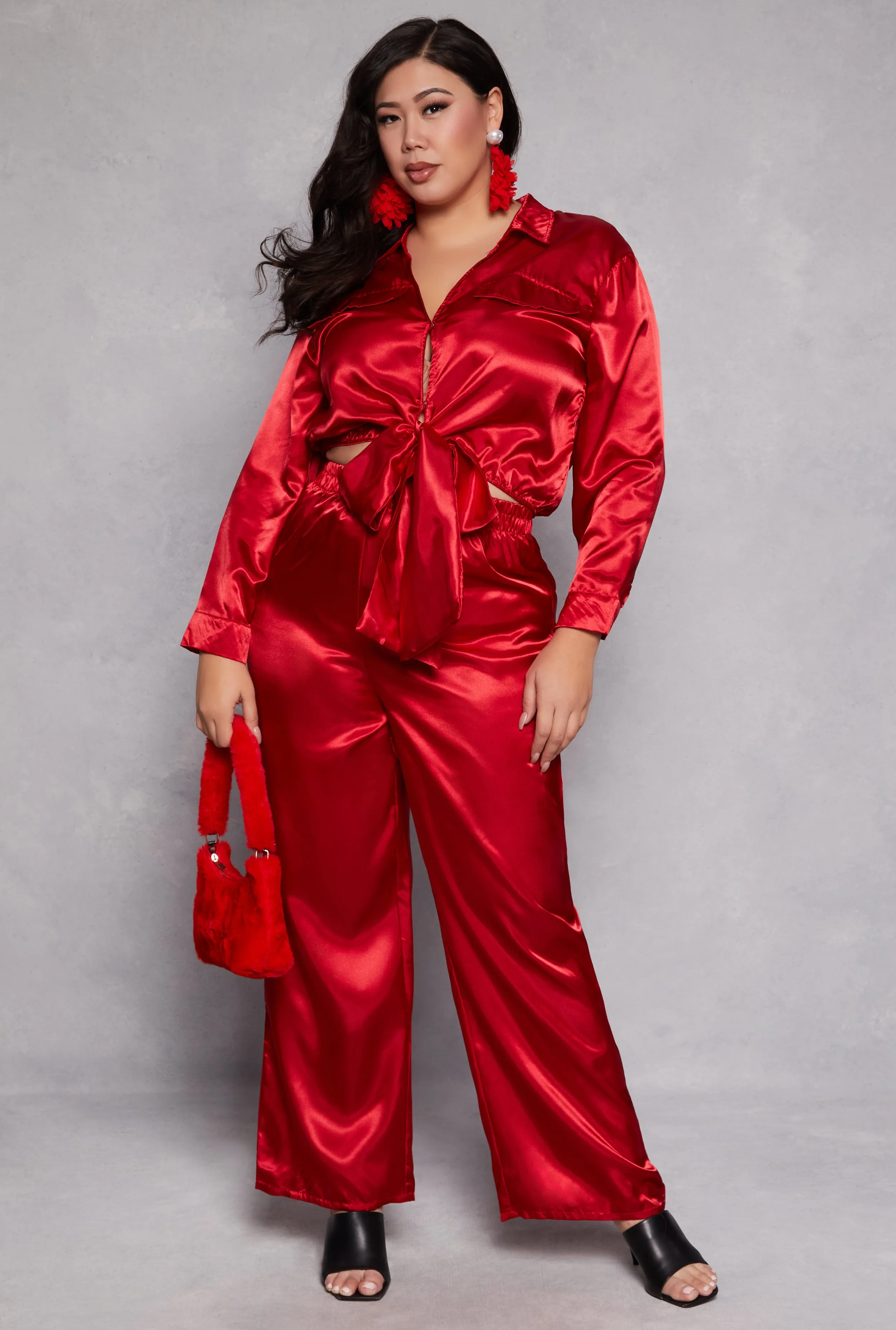 Plus Size Satin Crop Top and Pants Set sold by Rainbow