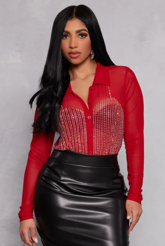 Mesh Rhinestone Studded Button Front Shirt sold by Rainbow