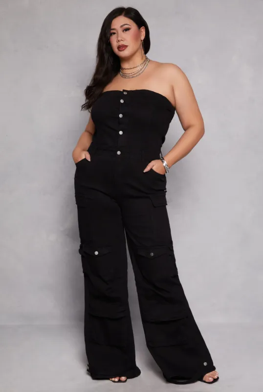 Plus Size Daisy Denim Strapless Cargo Jumpsuit sold by Rainbow