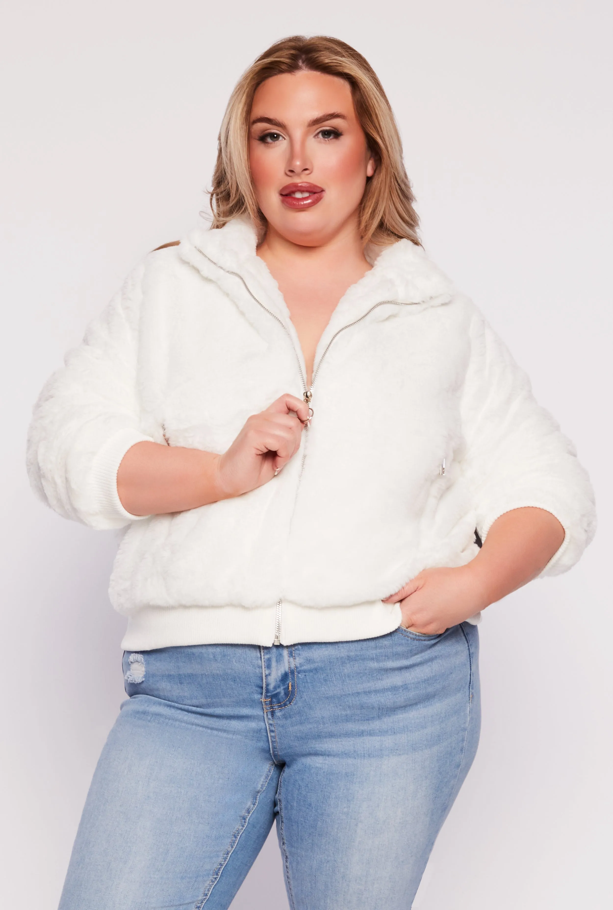 Plus Size Faux Fur High Neck Bomber Jacket sold by Rainbow