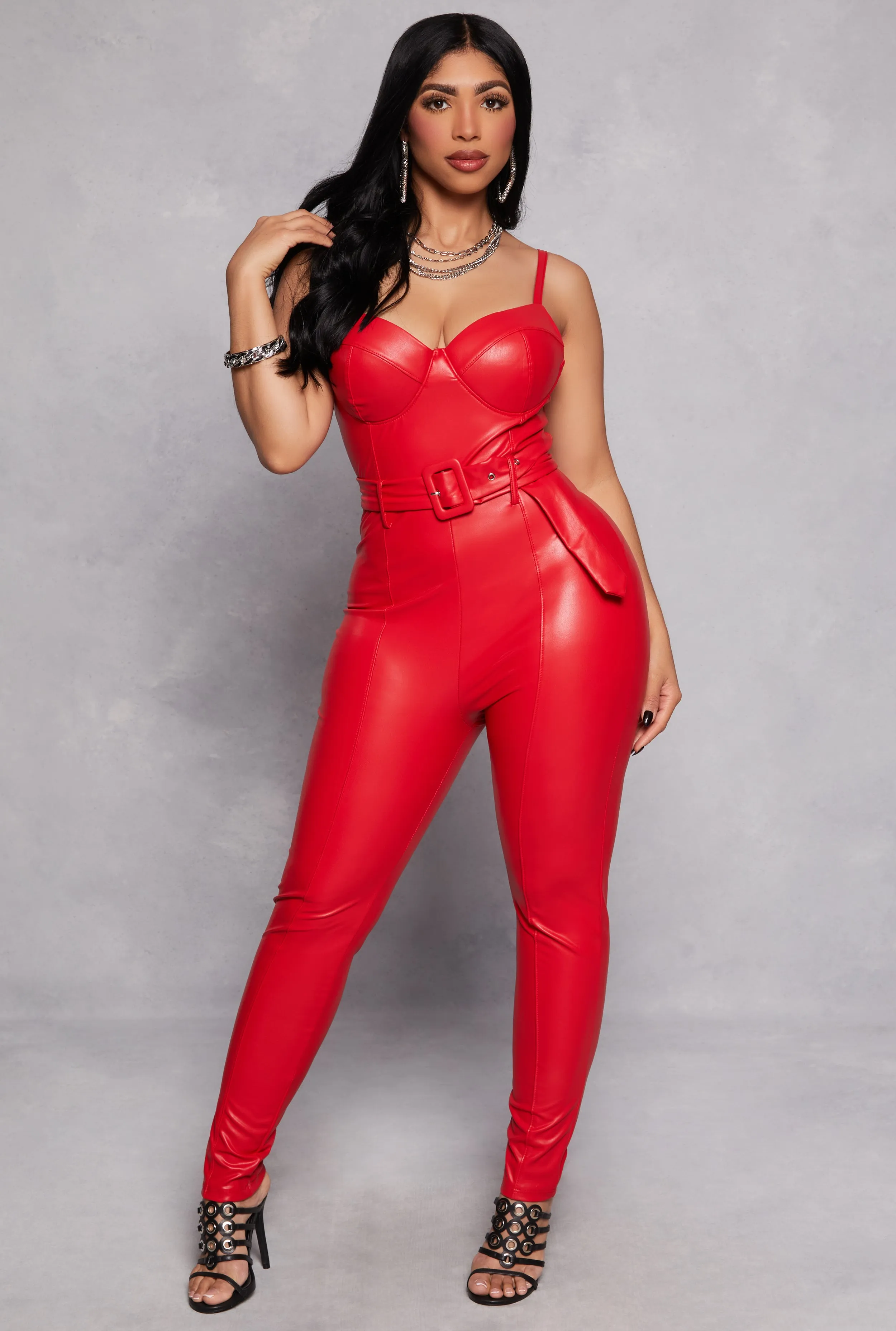Haute Monde Faux Leather Belted Bustier Jumpsuit sold by Rainbow