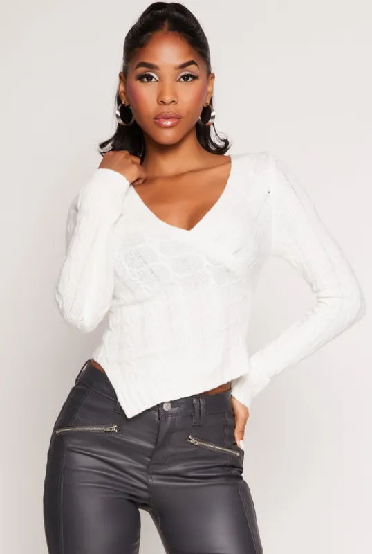 Cable Knit Asymmetrical Faux Wrap Sweater sold by Rainbow