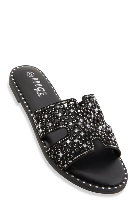 Rhinestone Studded Cut Out Band Slide Sandals sold by Rainbow