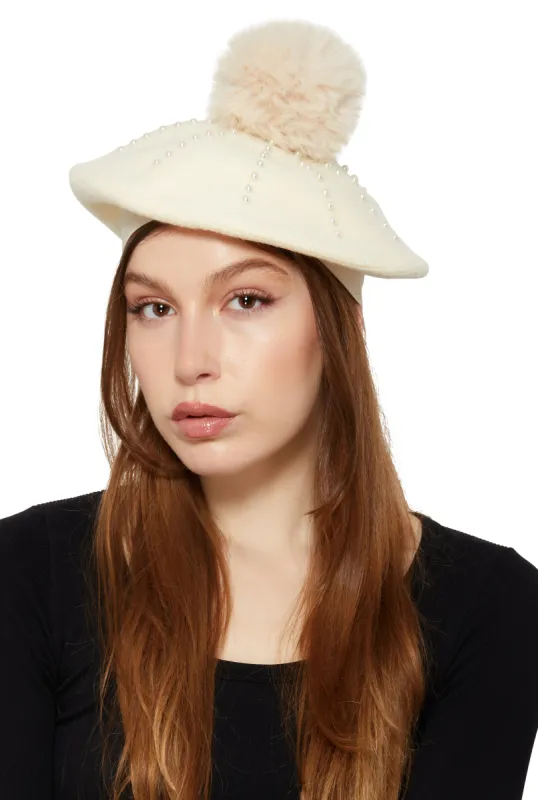 Faux Pearl Detail Pom Pom Beret sold by Rainbow