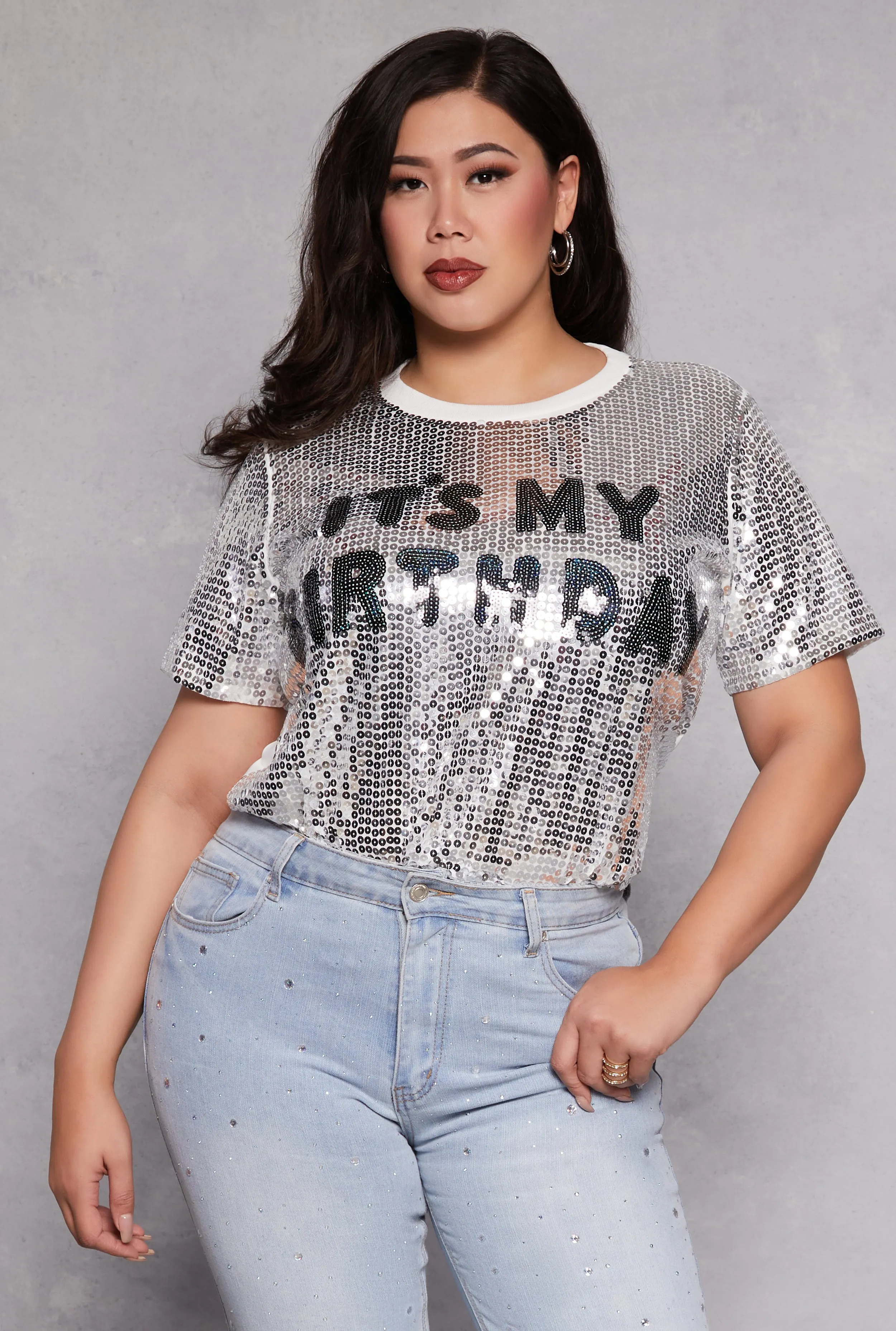 Plus Size Its My Birthday Sequin Top sold by Rainbow