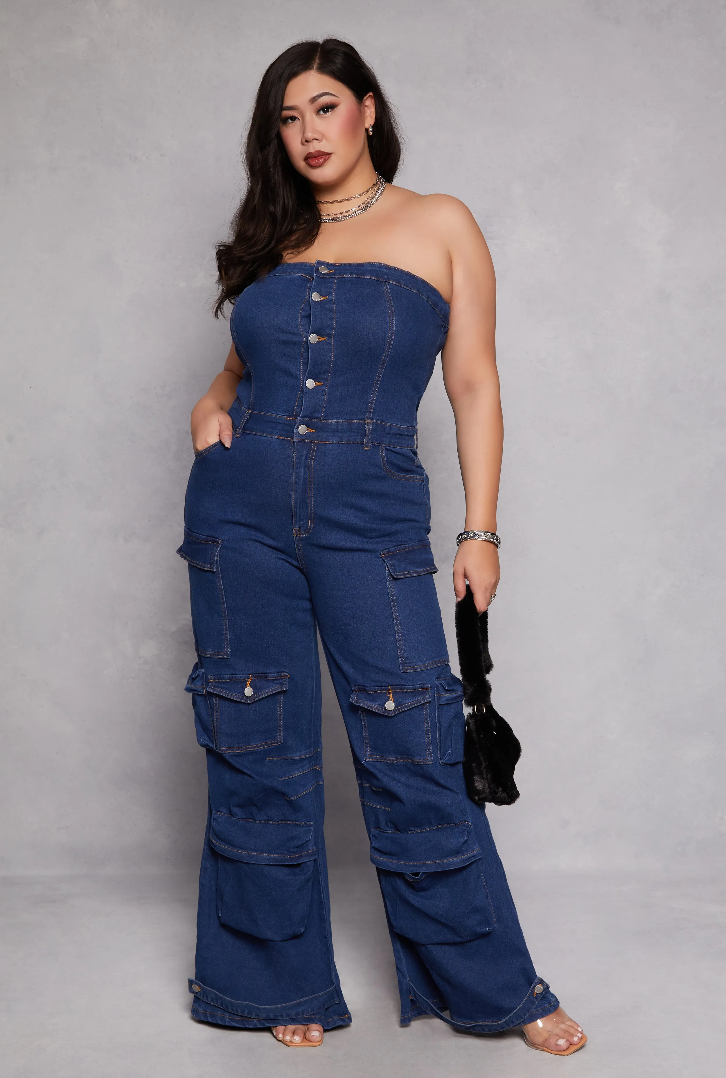 Plus Size Daisy Denim Strapless Cargo Jumpsuit sold by Rainbow