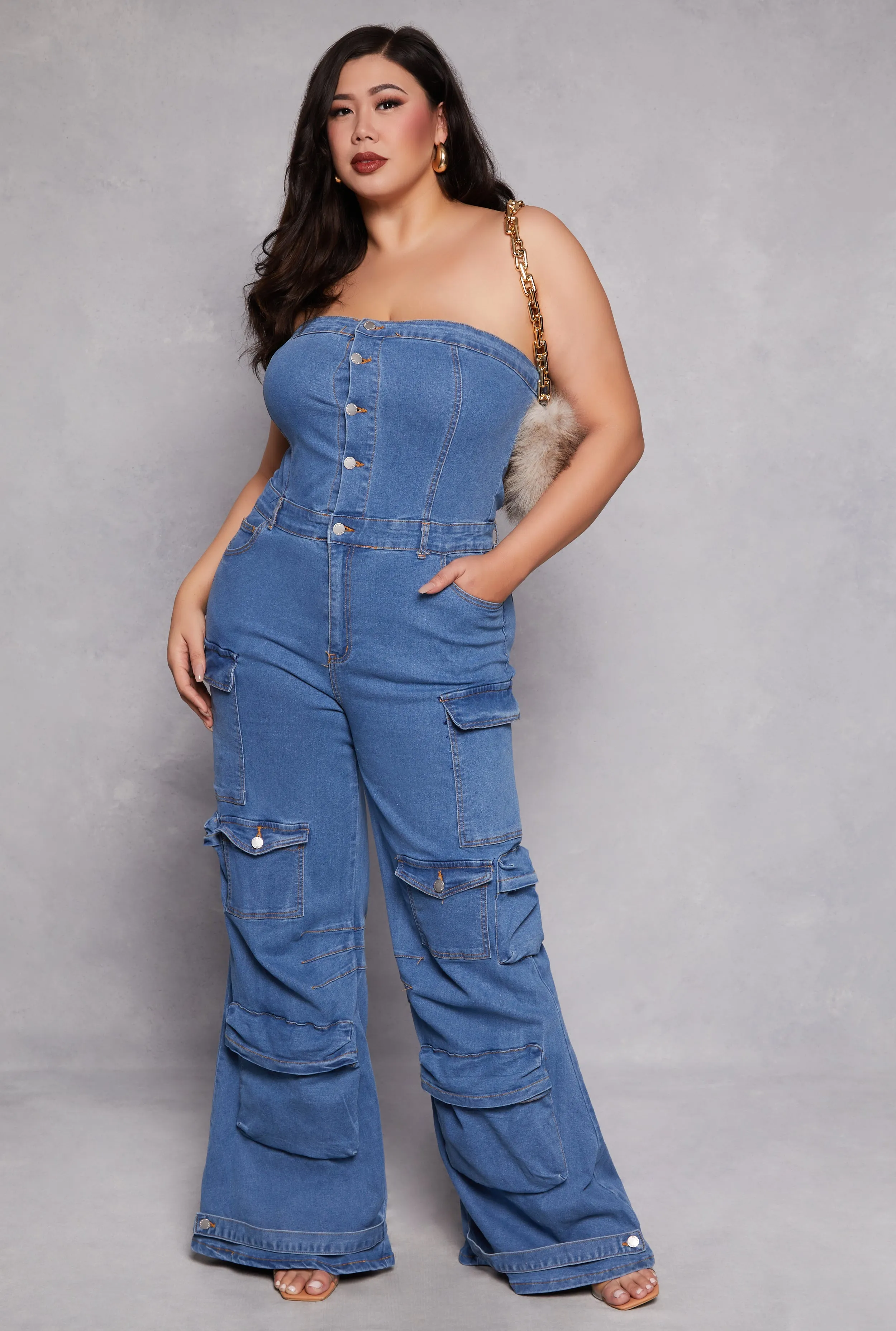 Plus Size Daisy Denim Strapless Cargo Jumpsuit sold by Rainbow