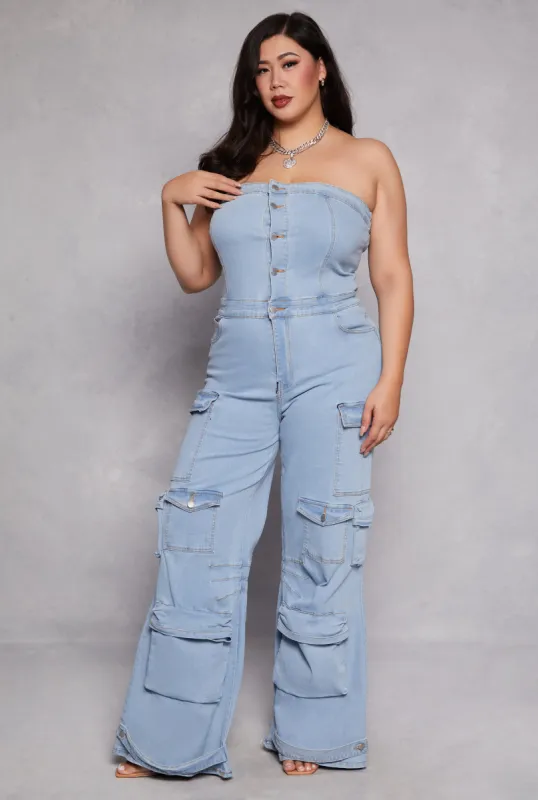 Plus Size Daisy Denim Strapless Cargo Jumpsuit sold by Rainbow