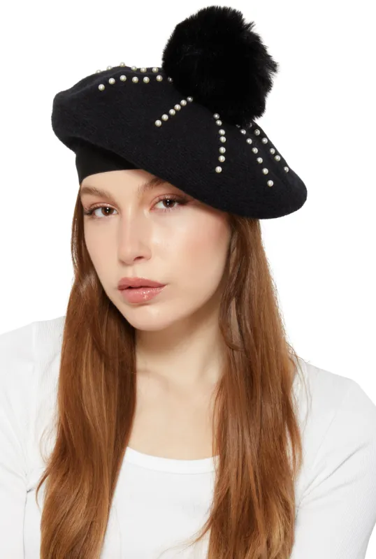 Faux Pearl Detail Pom Pom Beret sold by Rainbow