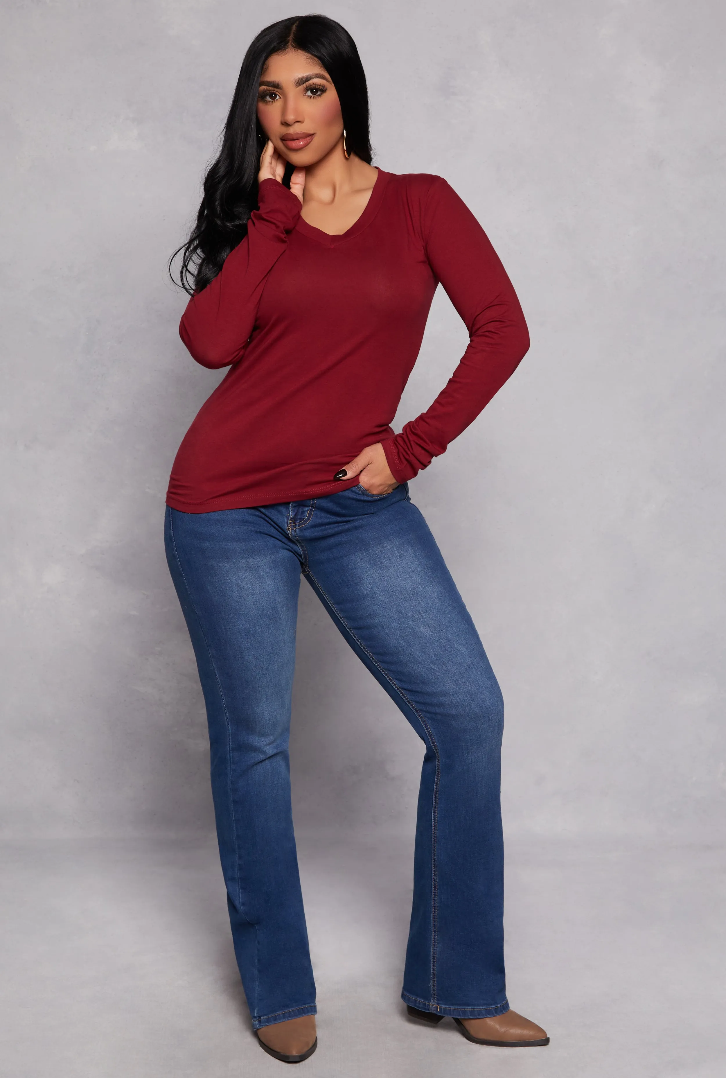 Long Sleeve V Neck Basic Tee sold by Rainbow product image thumbnail 2