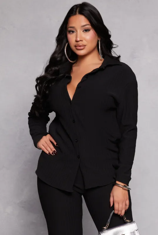 Textured Knit Long Sleeve Button Front Shirt sold by Rainbow