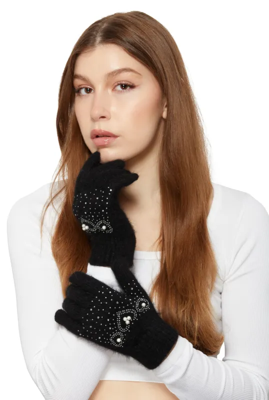 Rhinestone Faux Pearl Studded Wool Gloves sold by Rainbow
