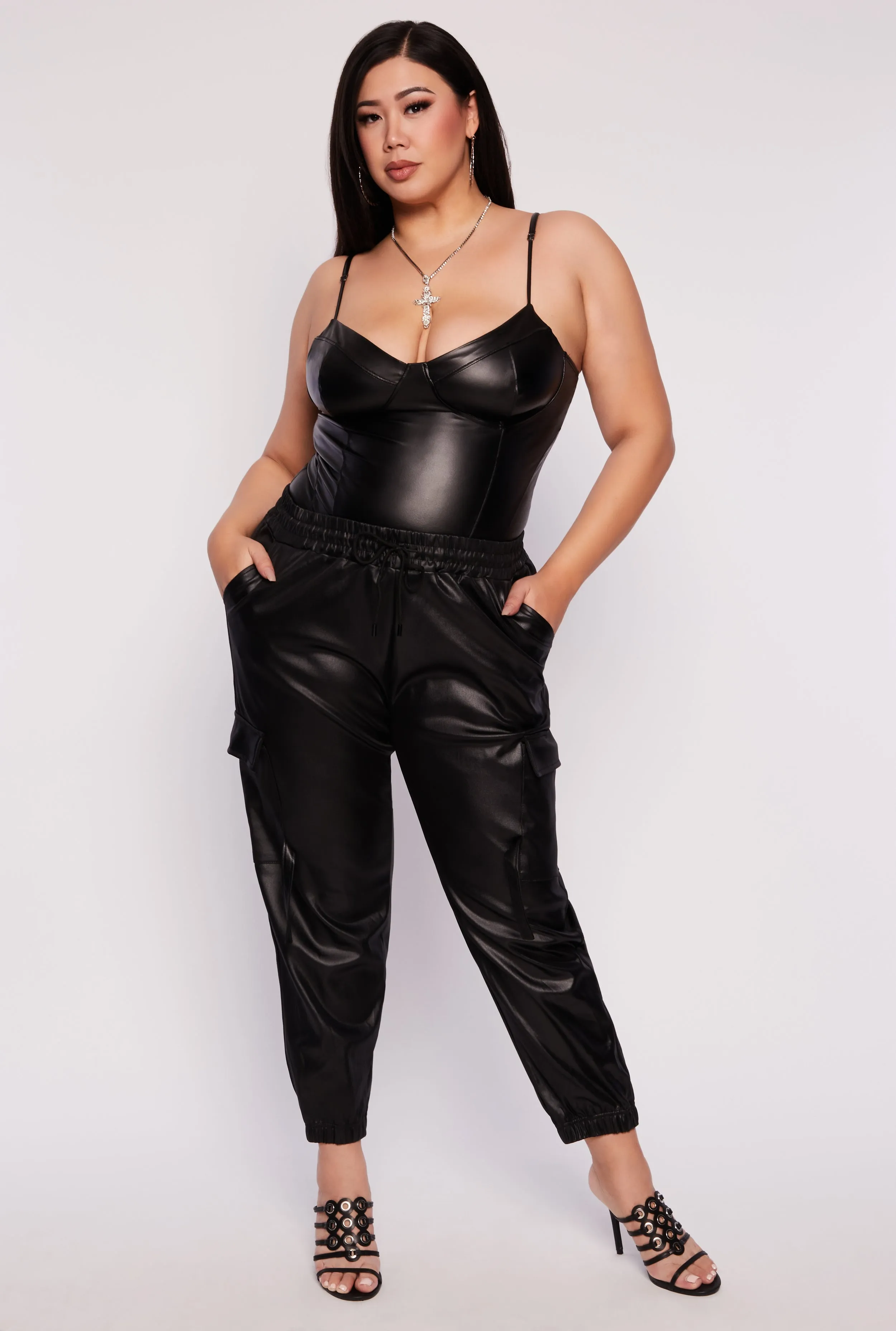 Plus Size Leather Look High Waist Cargo Joggers sold by Rainbow