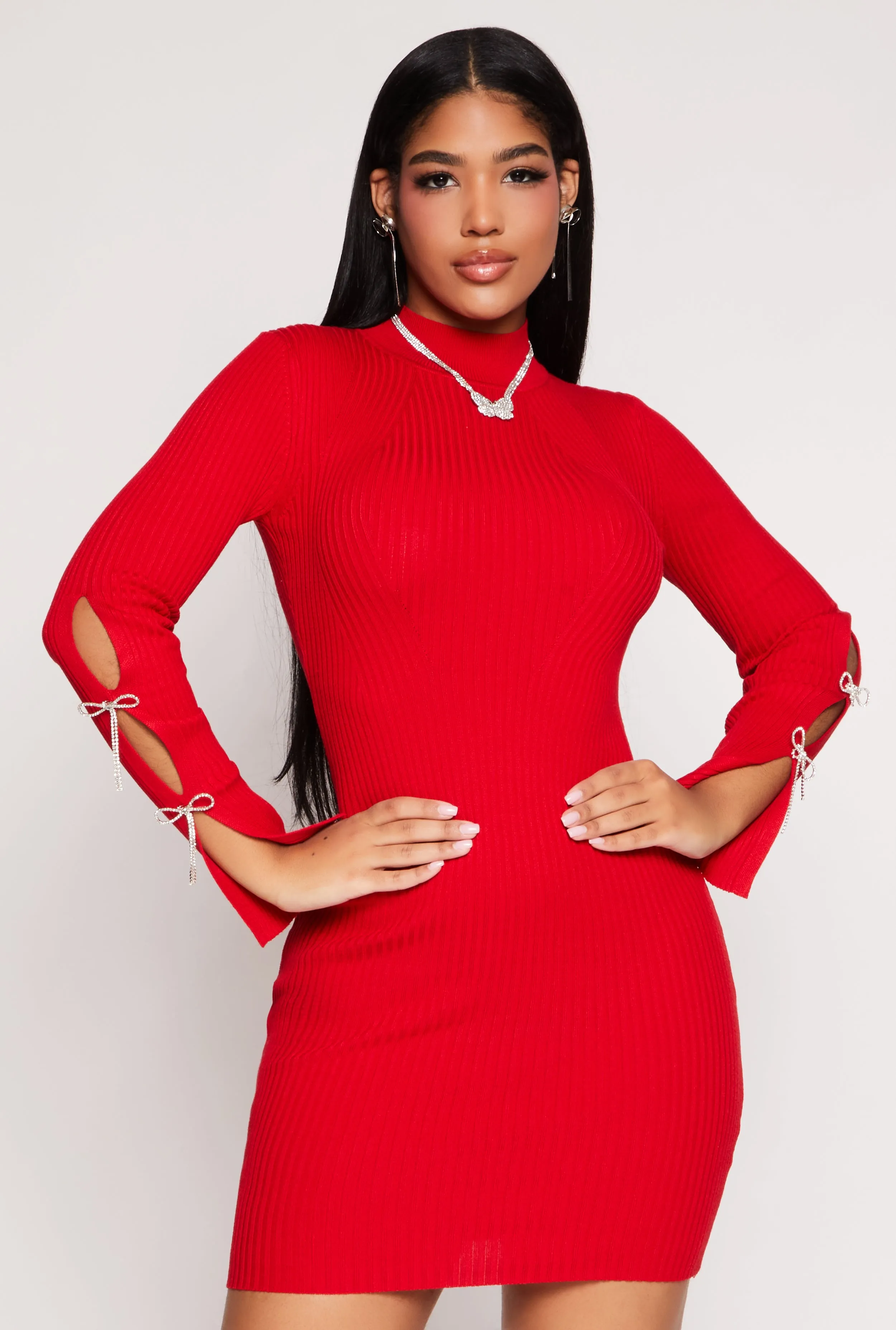 Almost Famous Rhinestone Bow Cut Out Mini Dress sold by Rainbow