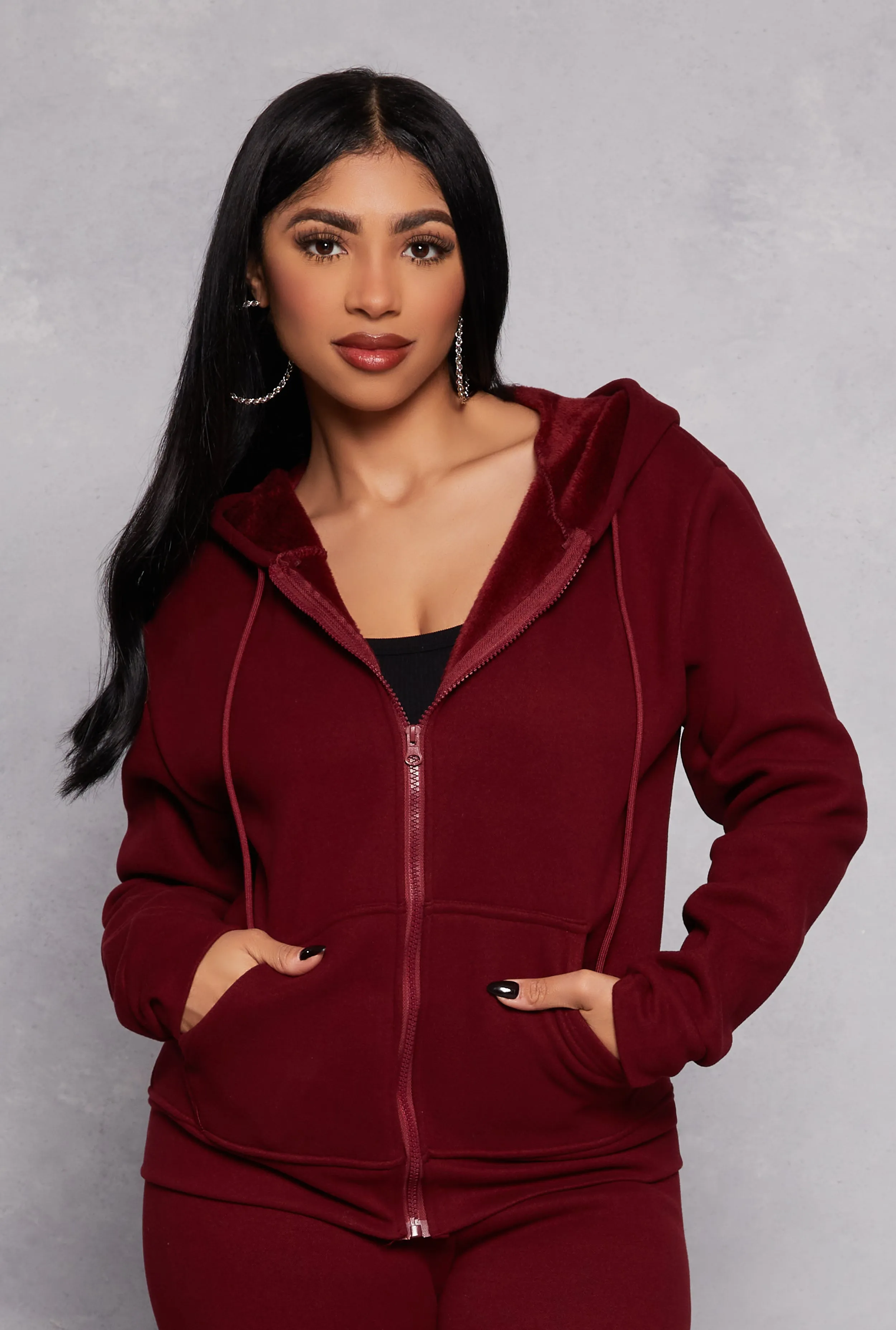 Faux Fur Lined Zip Front Hoodie sold by Rainbow