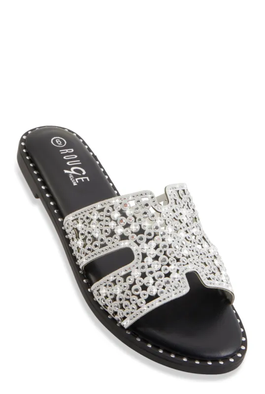 Rhinestone Studded Cut Out Band Slide Sandals sold by Rainbow