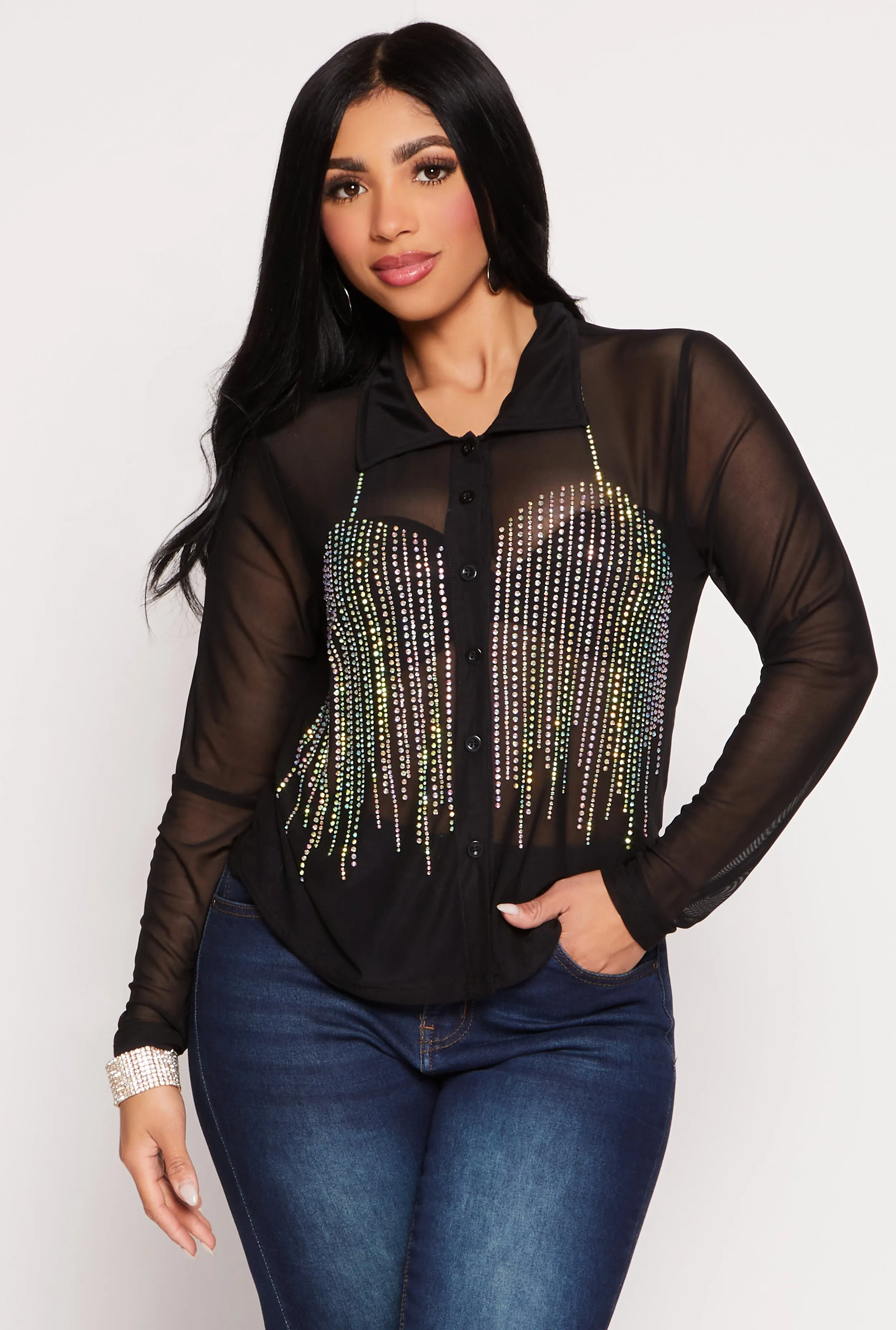 Mesh Rhinestone Studded Button Front Shirt sold by Rainbow