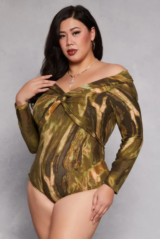 Plus Size Printed Pattern Twist Front Bodysuit sold by Rainbow
