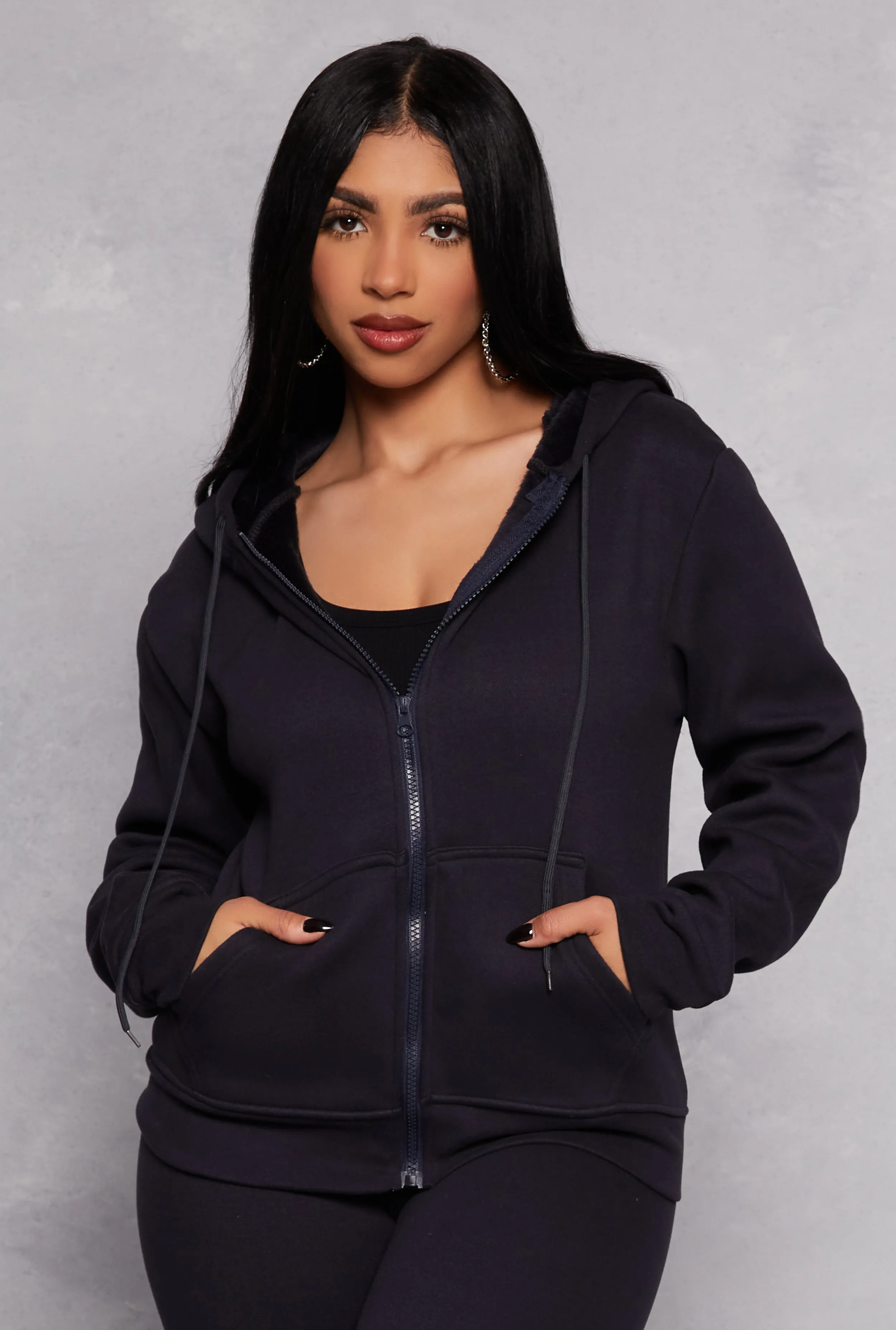 Faux Fur Lined Zip Front Hoodie sold by Rainbow