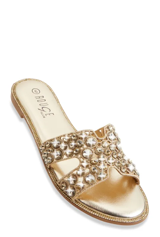 Studded Rhinestone Cut Out Band Slide Sandals sold by Rainbow