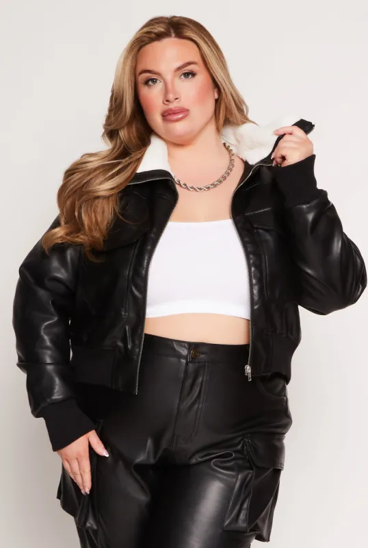 Plus Size Faux Fur Collar Bomber Jacket sold by Rainbow