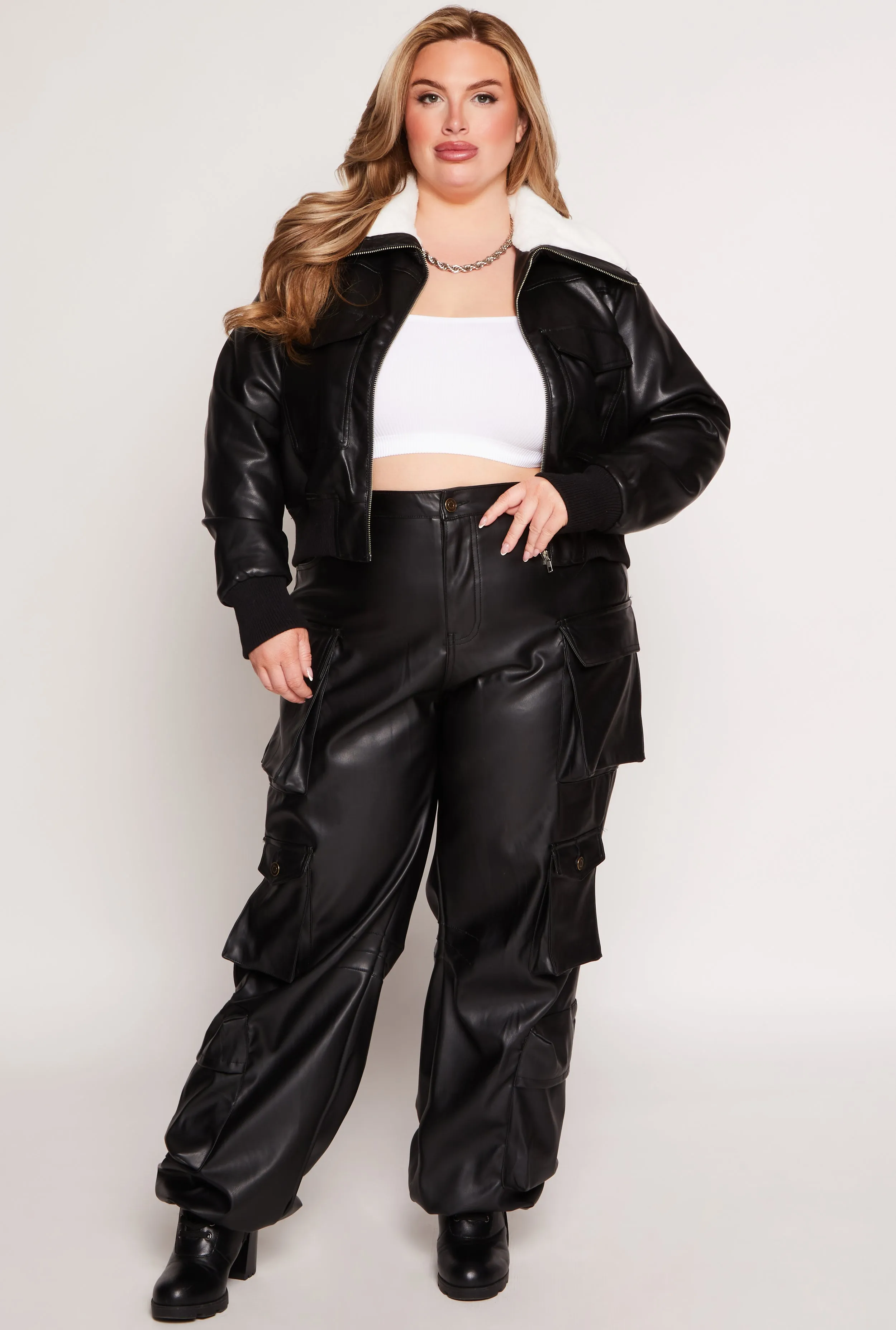 Plus Size Faux Fur Collar Bomber Jacket sold by Rainbow product image thumbnail 2
