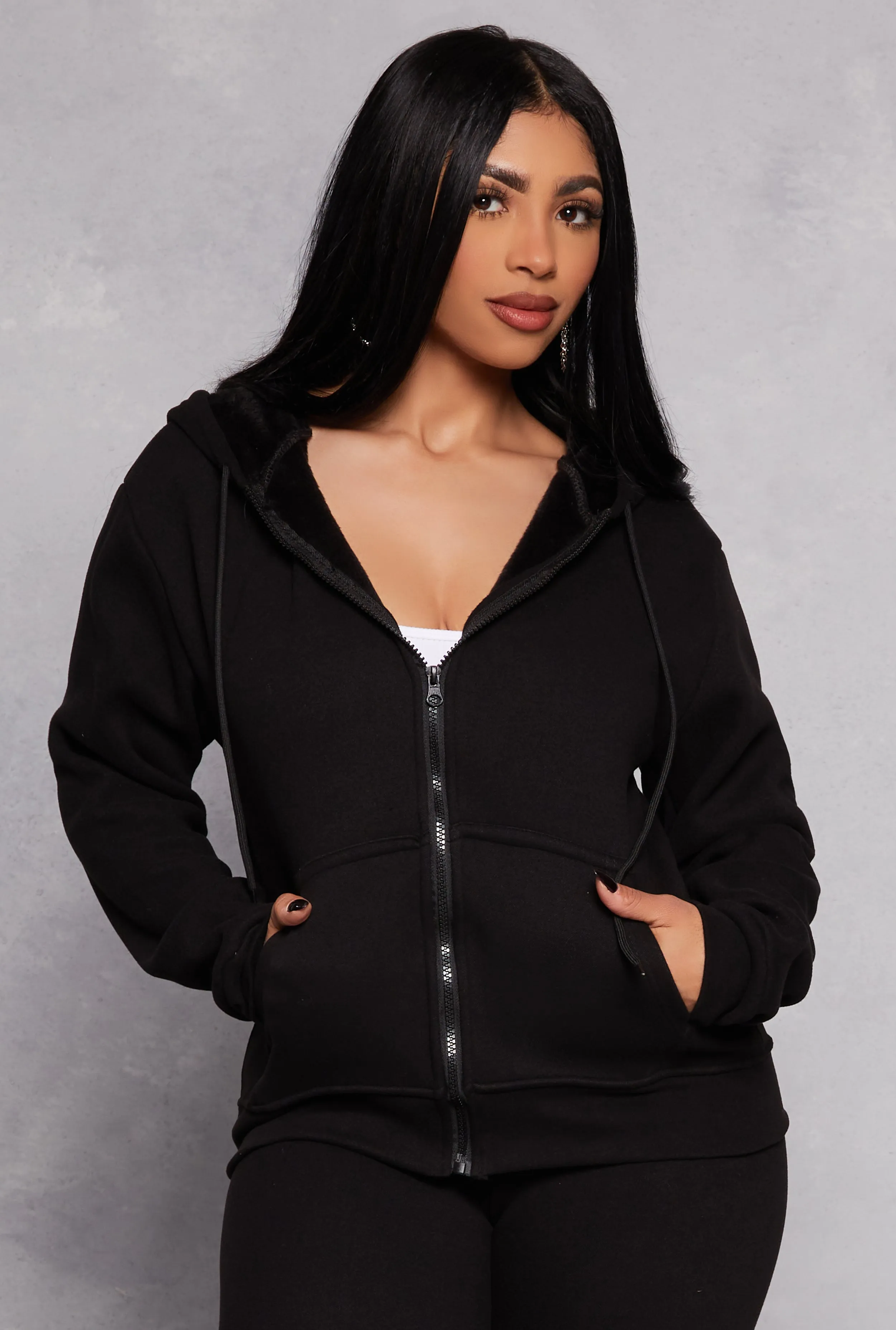 Faux Fur Lined Zip Front Hoodie sold by Rainbow