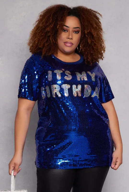 Plus Size Its My Birthday Sequin Top sold by Rainbow