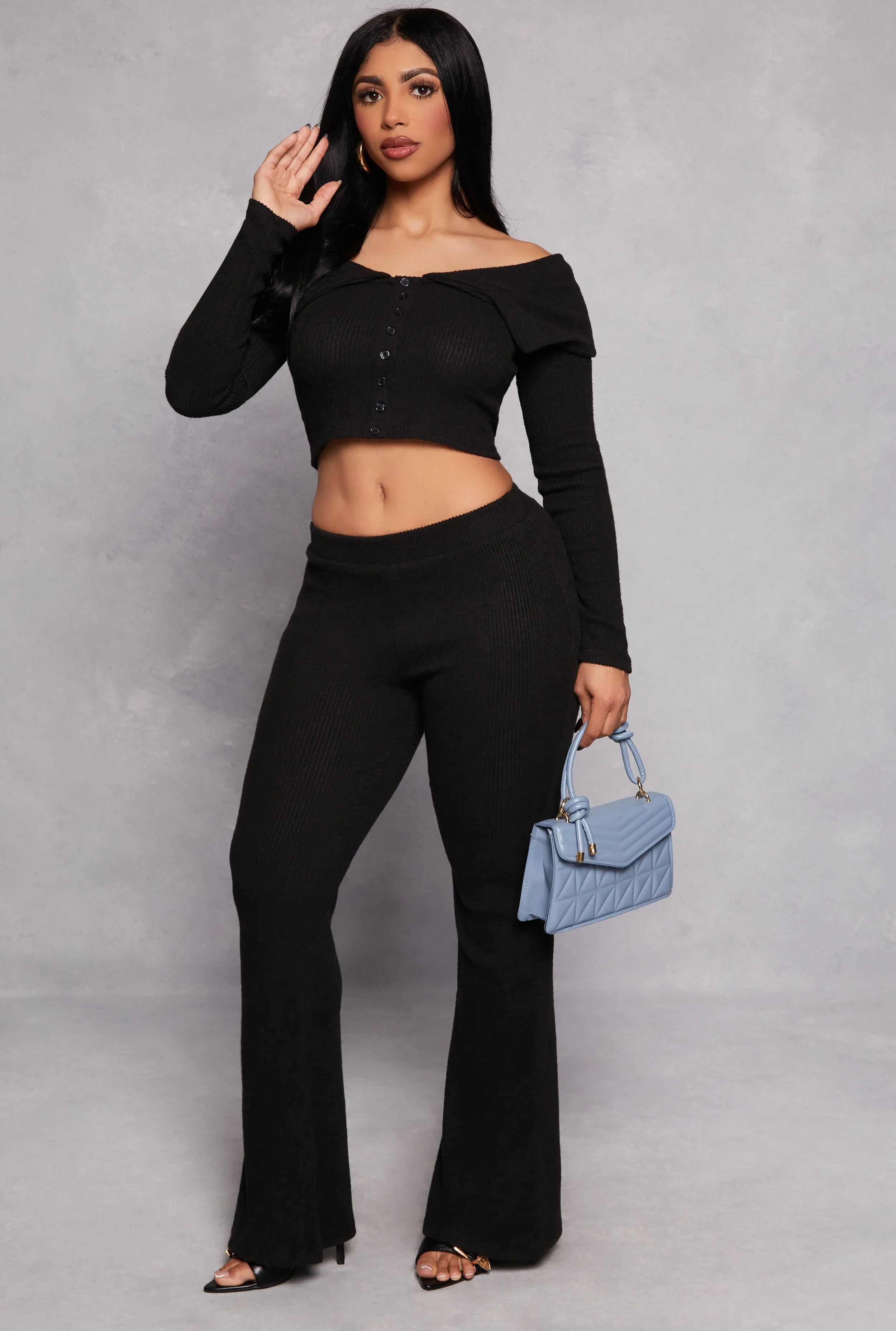 Almost Famous Rib Knit Flared Pants sold by Rainbow