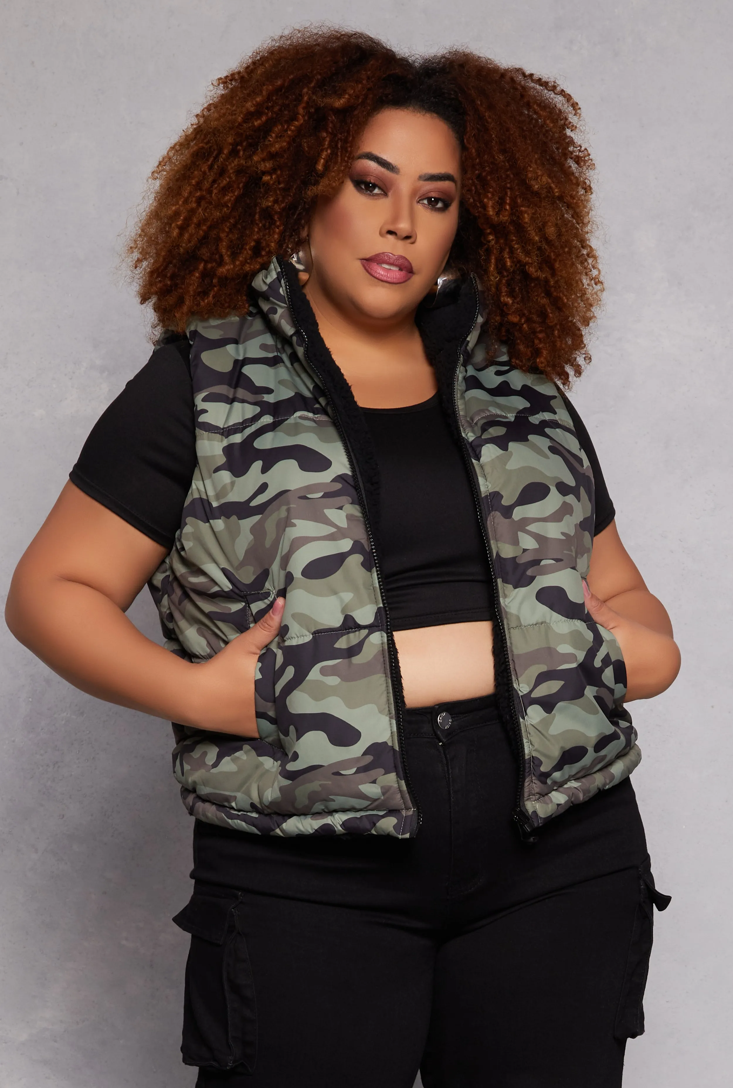 Plus Size Reversible Camo Zip Front Puffer Vest sold by Rainbow