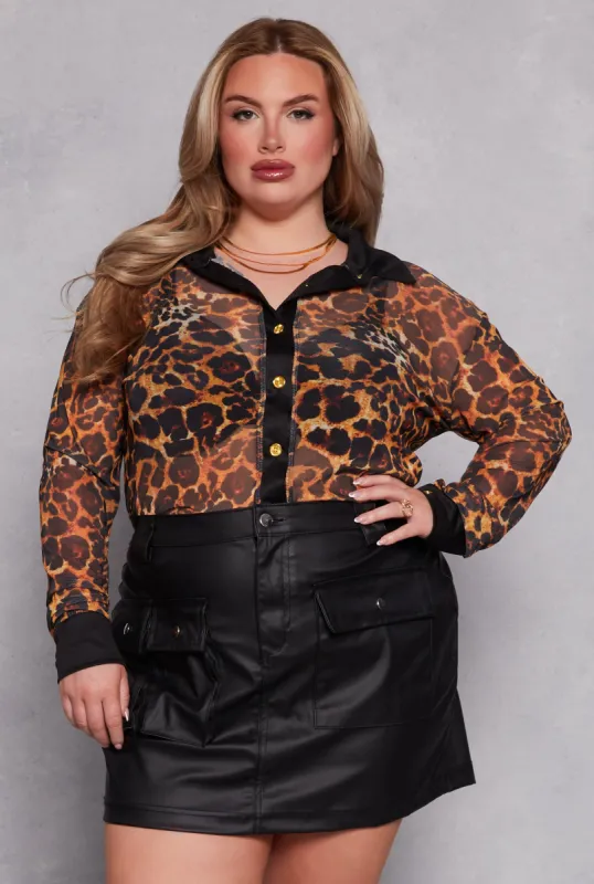 Plus Size Leopard Mesh Button Front Shirt sold by Rainbow