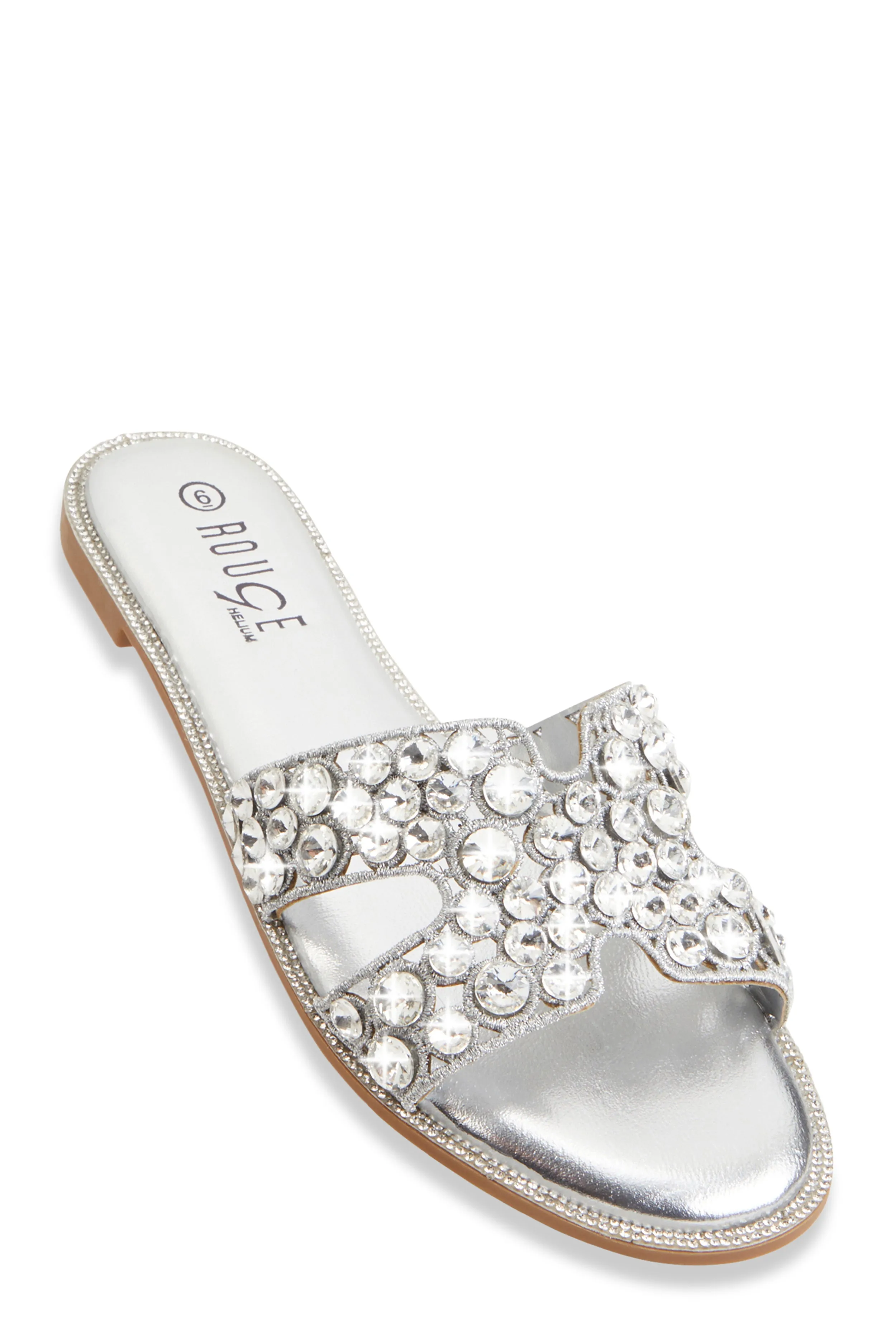 Studded Rhinestone Cut Out Band Slide Sandals sold by Rainbow