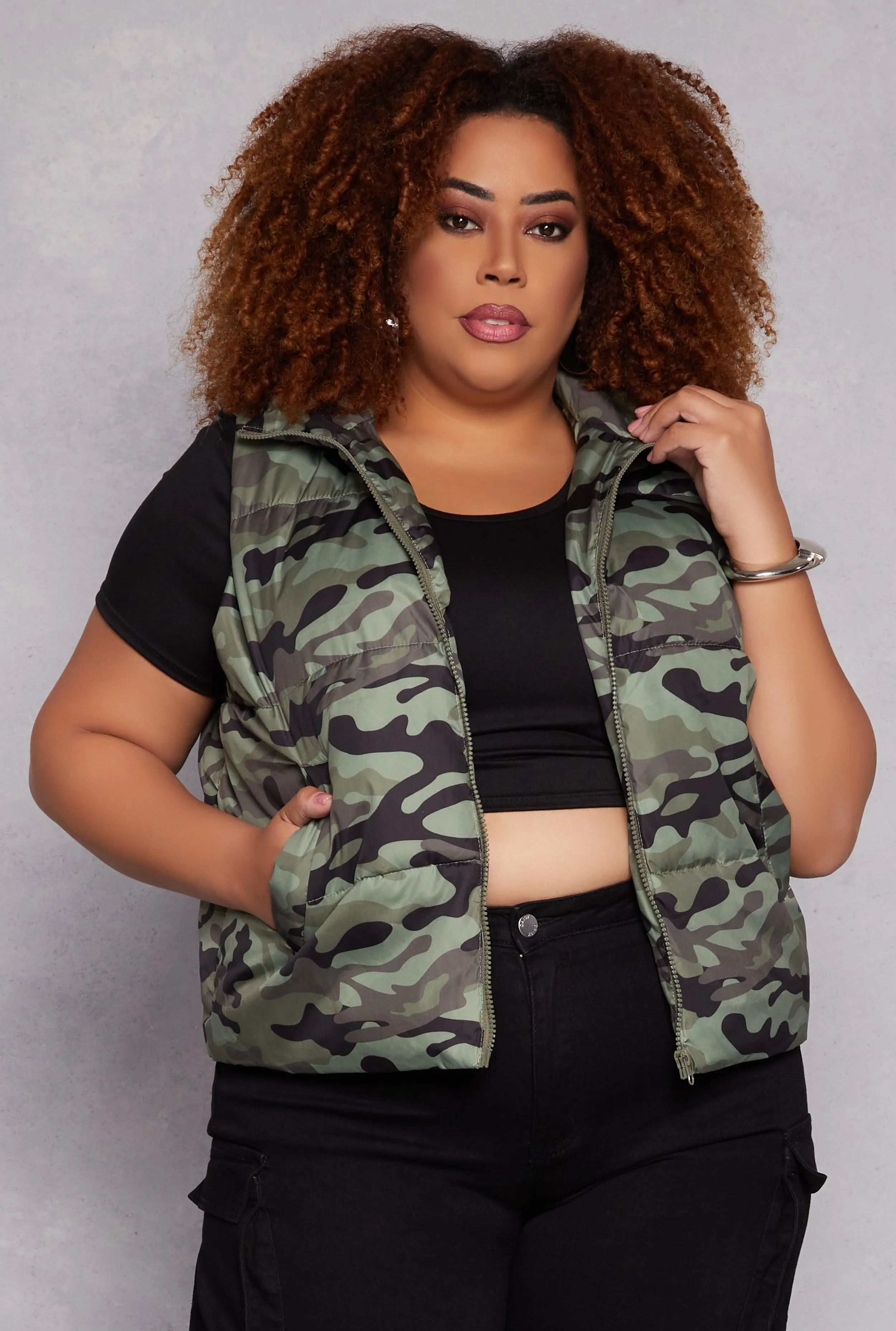 Plus Size Camo Zip Front Puffer Vest sold by Rainbow