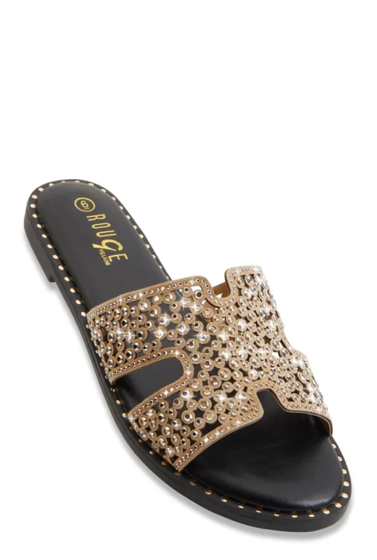 Rhinestone Studded Cut Out Band Slide Sandals sold by Rainbow