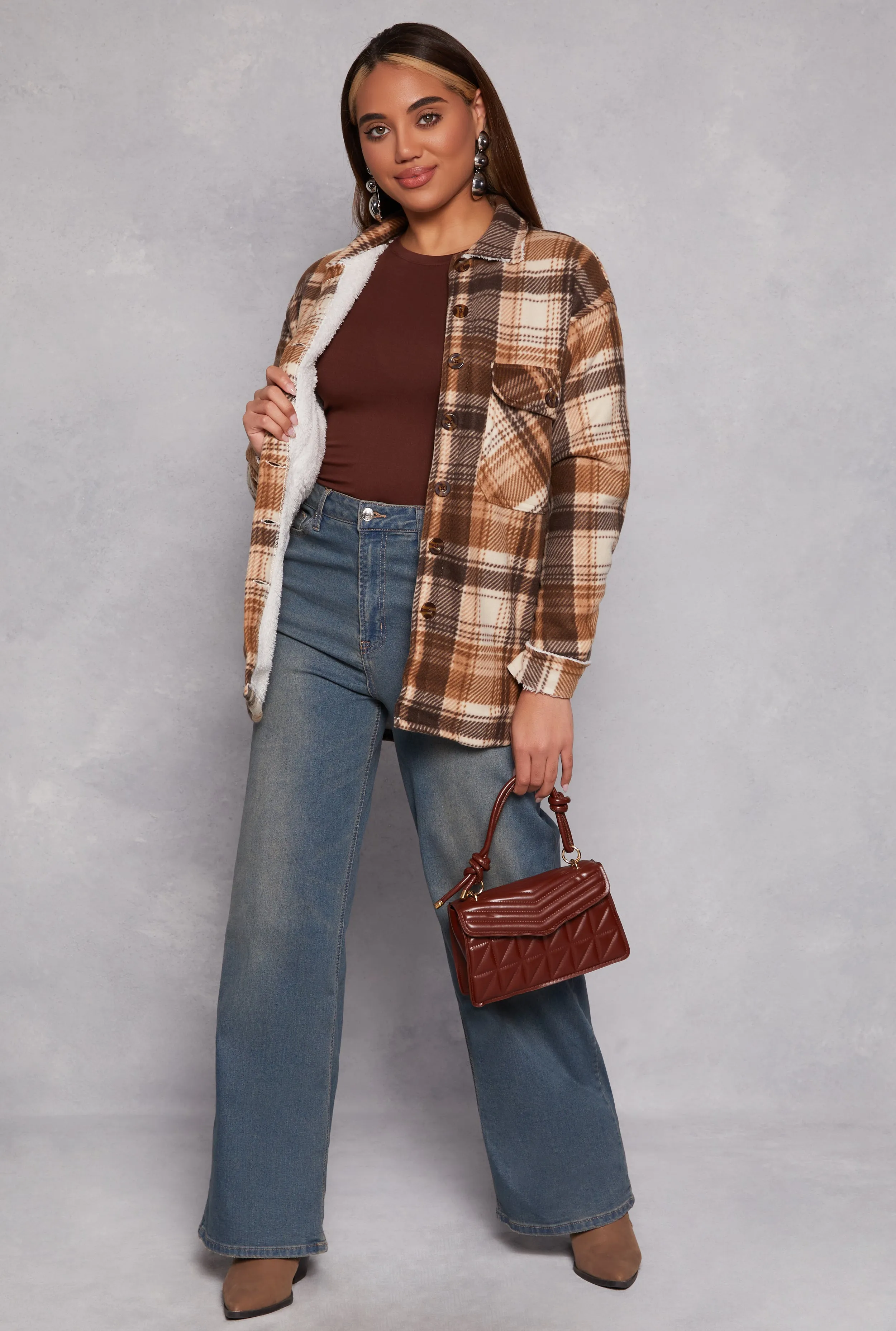 Plaid Sherpa Lined Button Front Shacket sold by Rainbow product image thumbnail 2