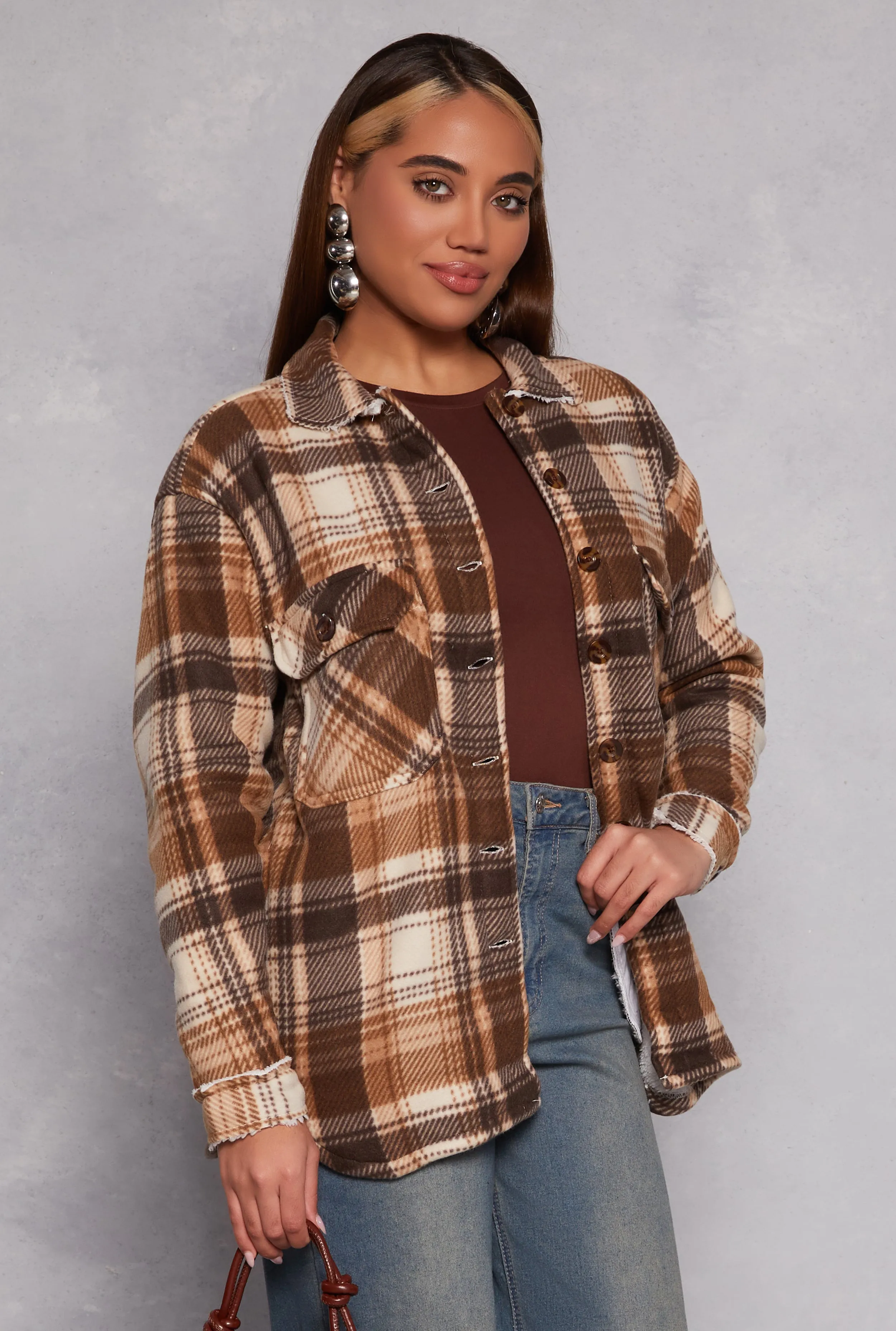 Plaid Sherpa Lined Button Front Shacket sold by Rainbow