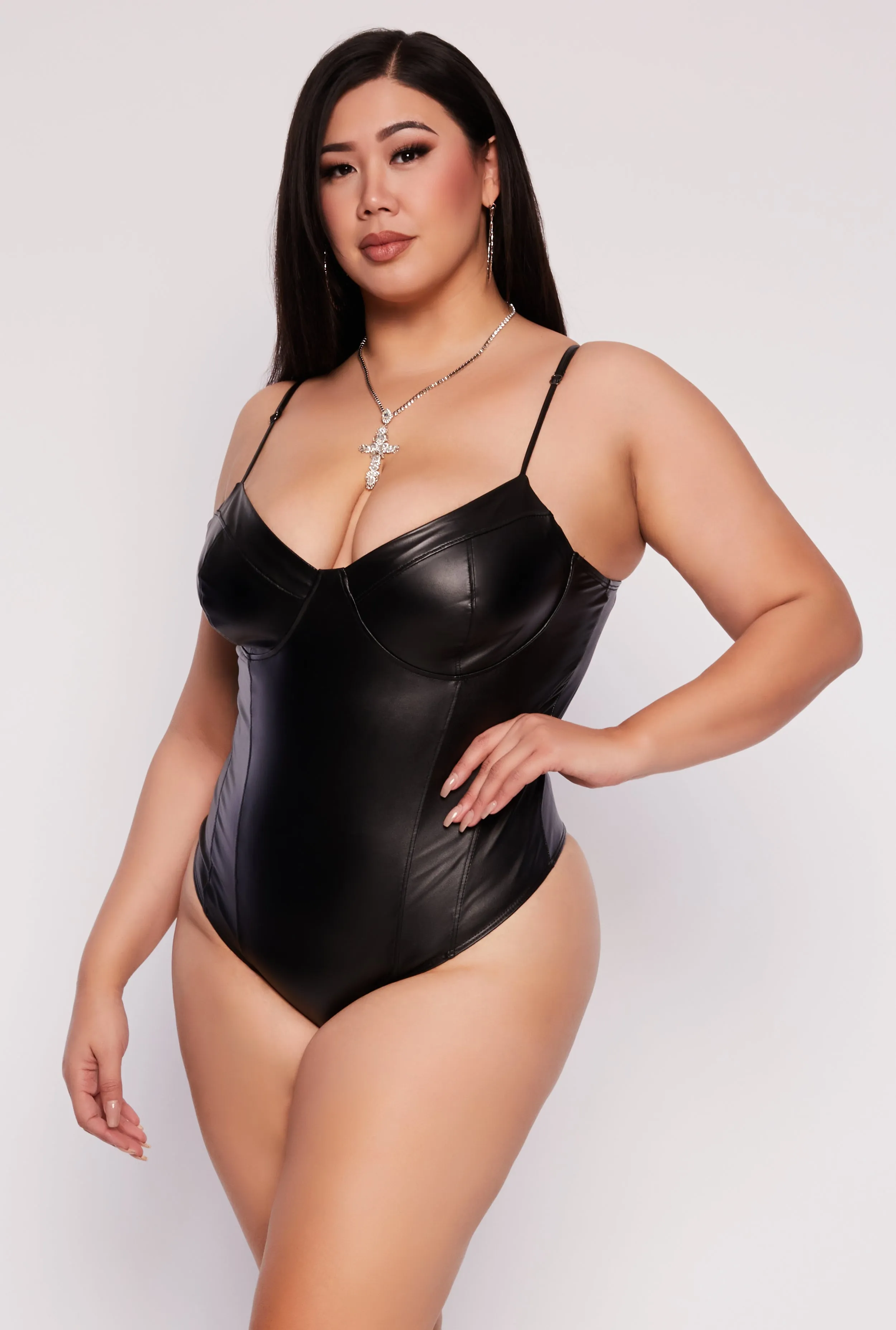 Plus Size Iris Faux Leather Bustier Bodysuit sold by Rainbow