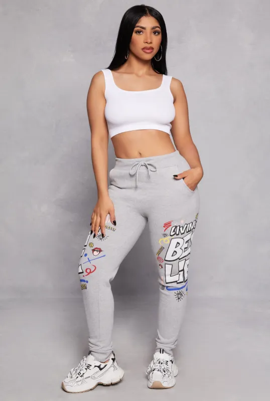 Living My Best Life Graphic Drawstring Joggers sold by Rainbow
