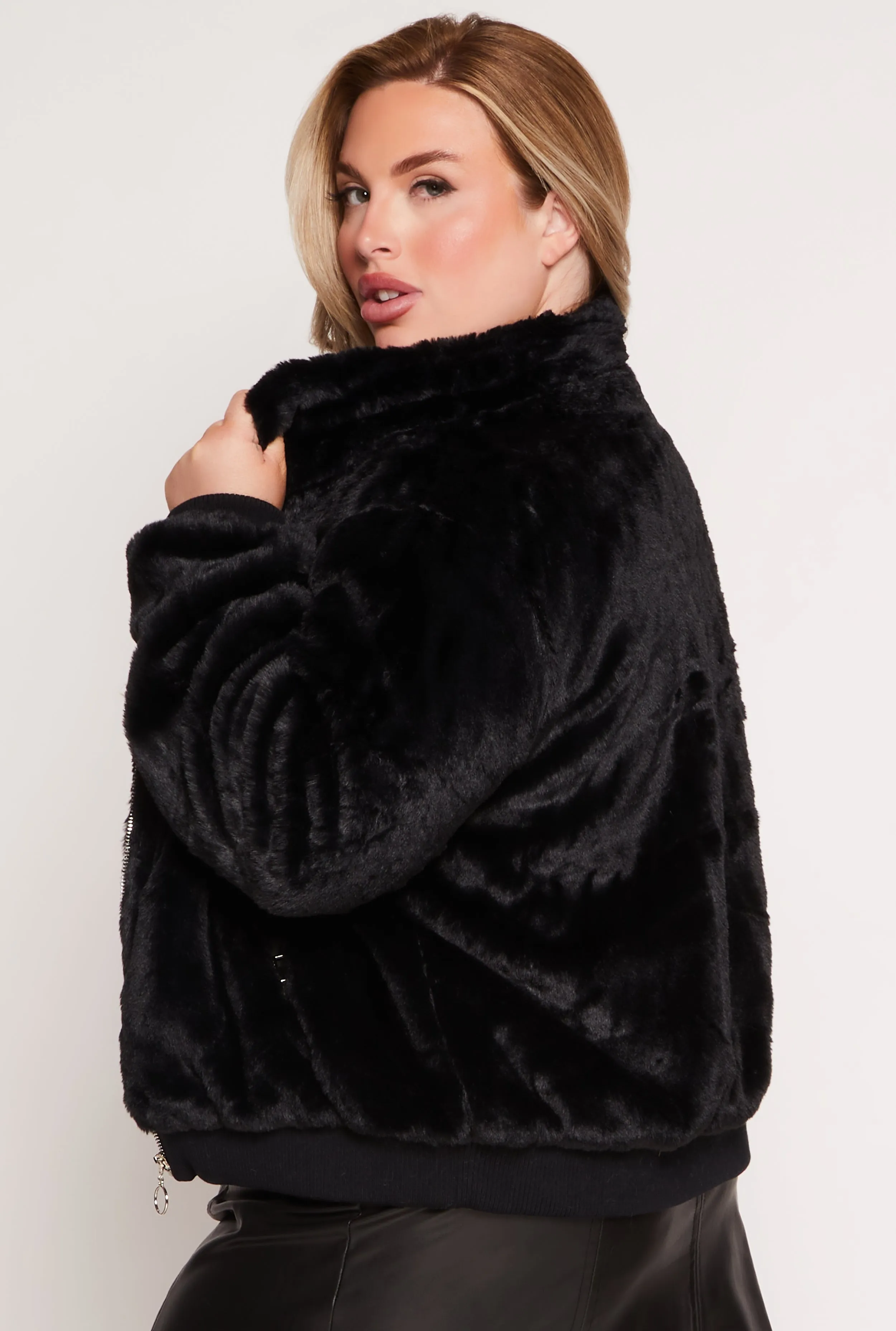 Plus Size Faux Fur High Neck Bomber Jacket sold by Rainbow product image thumbnail 3
