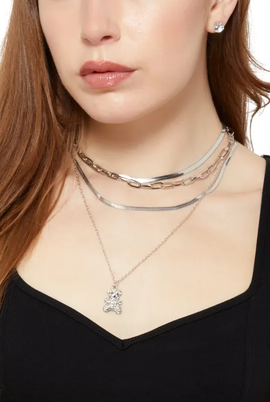 Teddy Bear Charm Layered Necklace and Cubic Zirconia Earrings sold by Rainbow