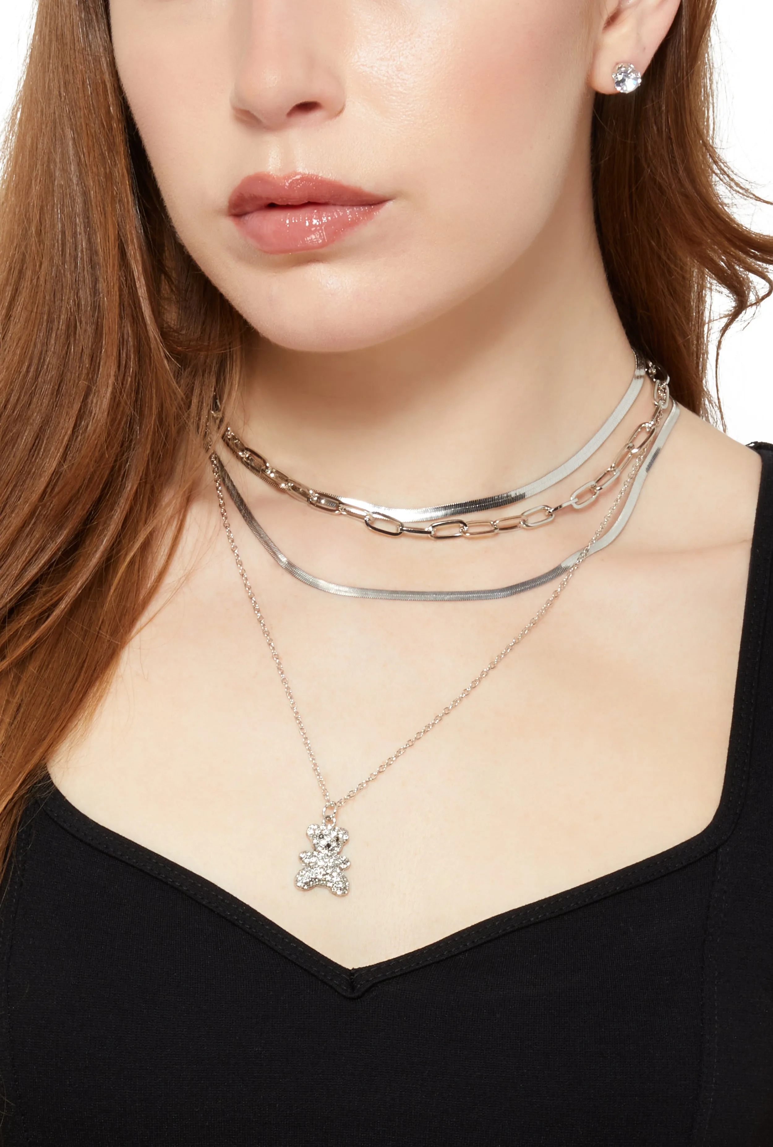 Teddy Bear Charm Layered Necklace and Cubic Zirconia Earrings sold by Rainbow