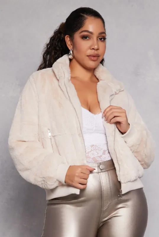 Plus Size Faux Fur High Neck Bomber Jacket sold by Rainbow