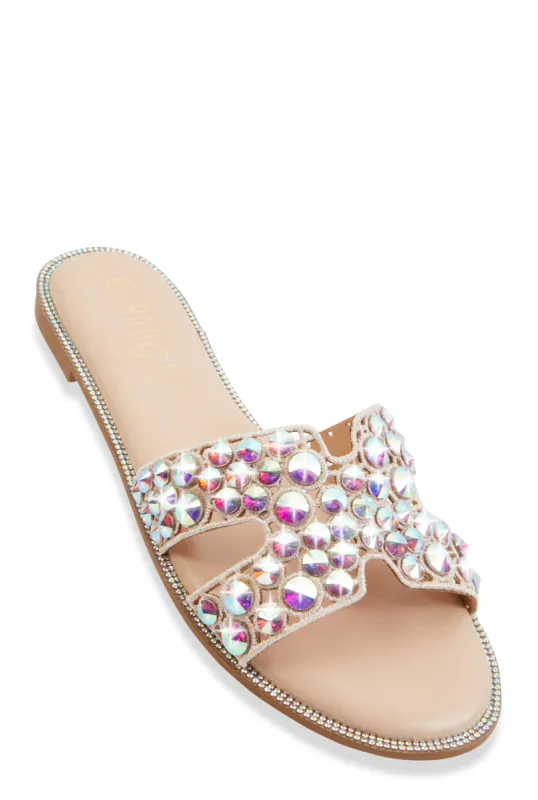 Studded Rhinestone Cut Out Band Slide Sandals sold by Rainbow