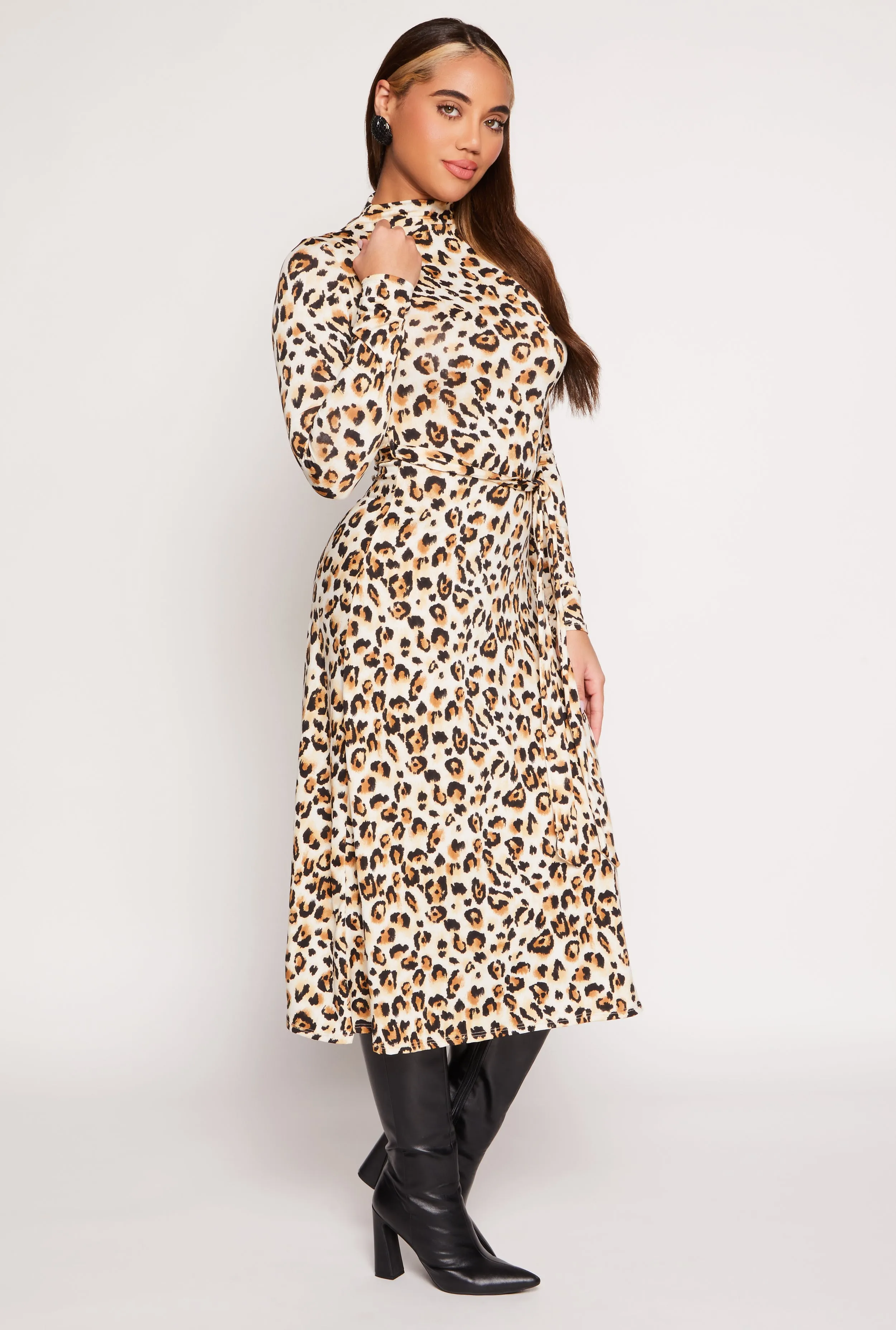 Leopard Print Tie Waist Belted Midi Dress sold by Rainbow product image thumbnail 2