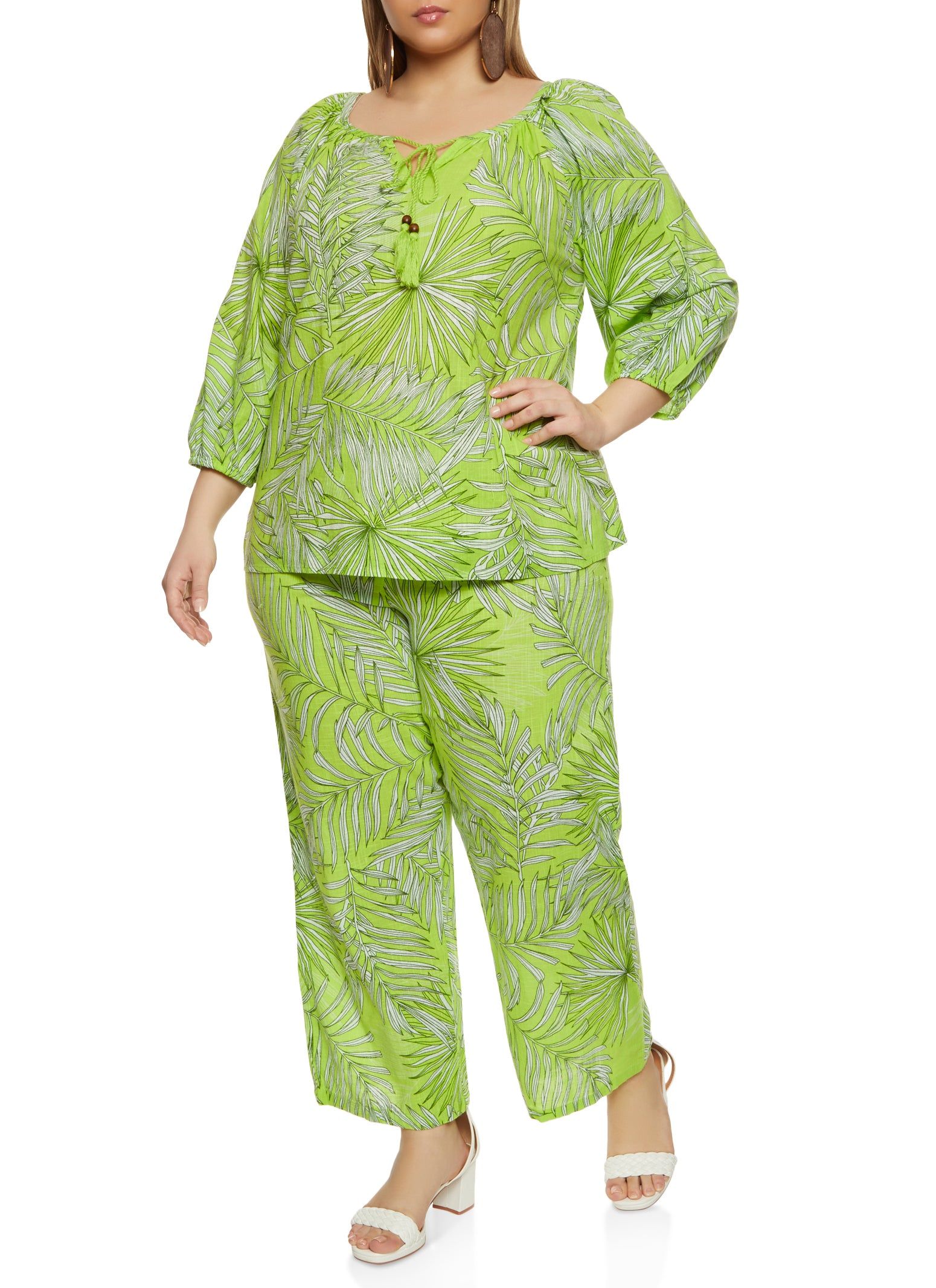 Plus Size Palm Printed Tie Neck Peasant Top sold by Rainbow product image thumbnail 2