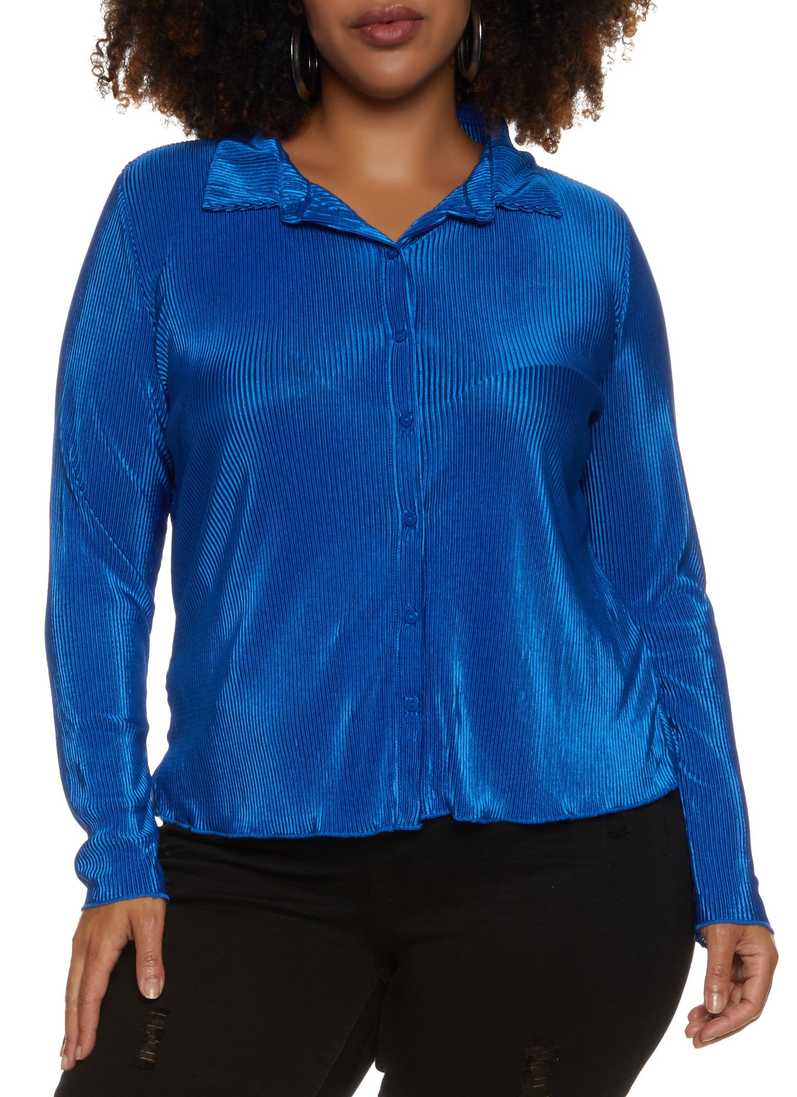 Plus Size Plisse Collared Button Front Shirt sold by Rainbow