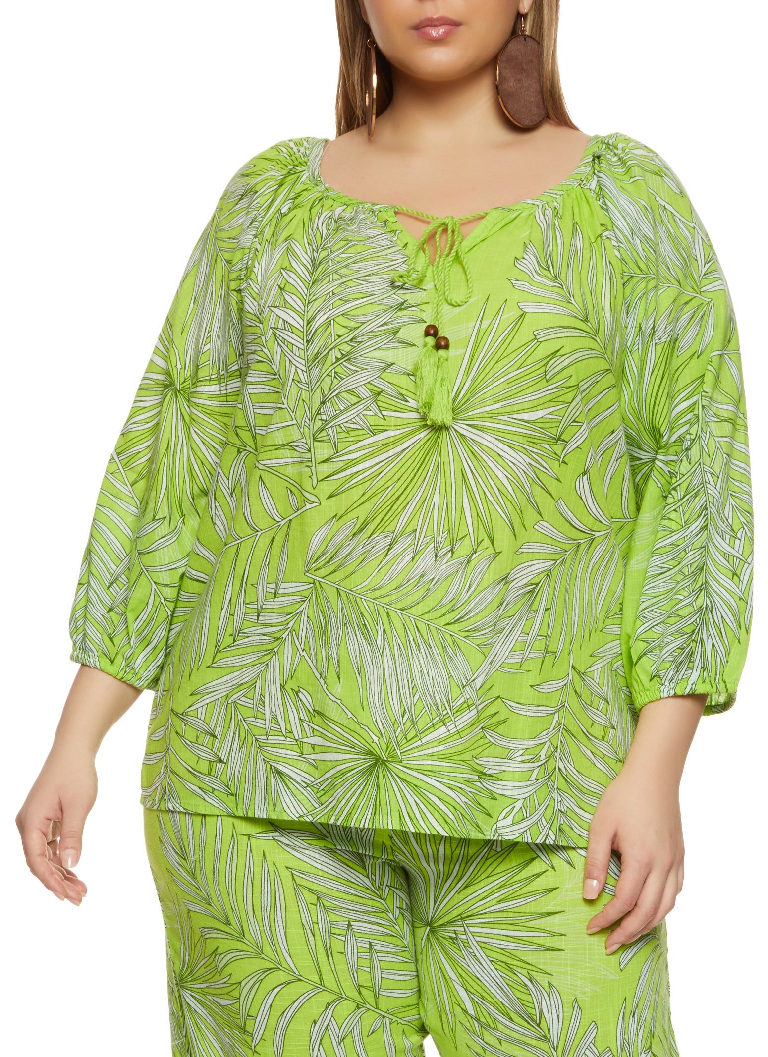 Plus Size Palm Printed Tie Neck Peasant Top sold by Rainbow