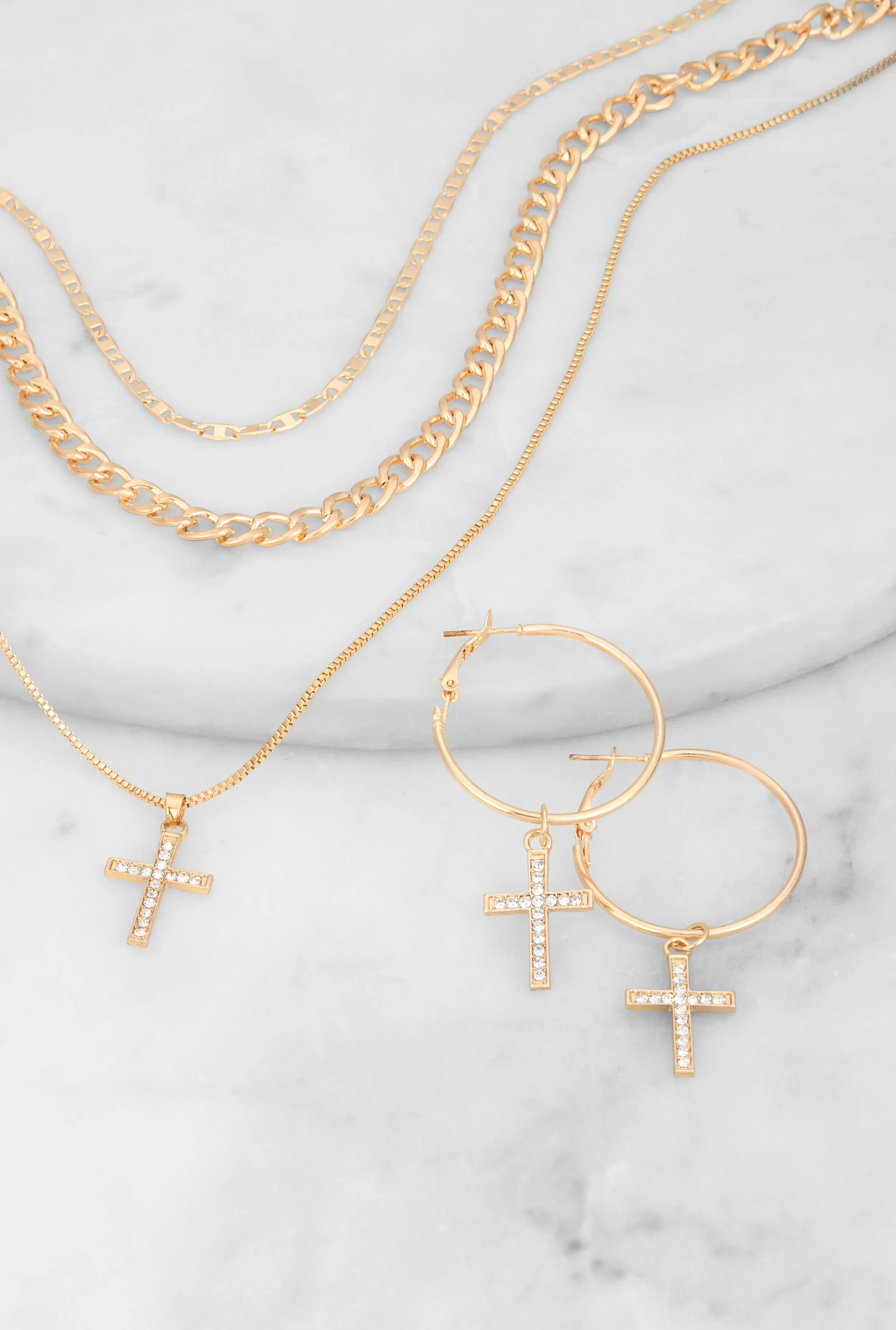Cubic Zirconia Cross Layered Necklace and Earrings Set sold by Rainbow product image thumbnail 2