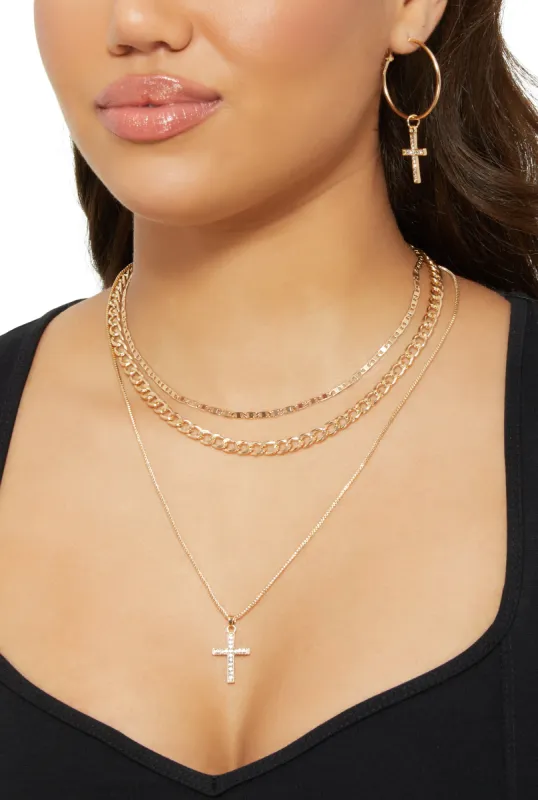 Cubic Zirconia Cross Layered Necklace and Earrings Set sold by Rainbow