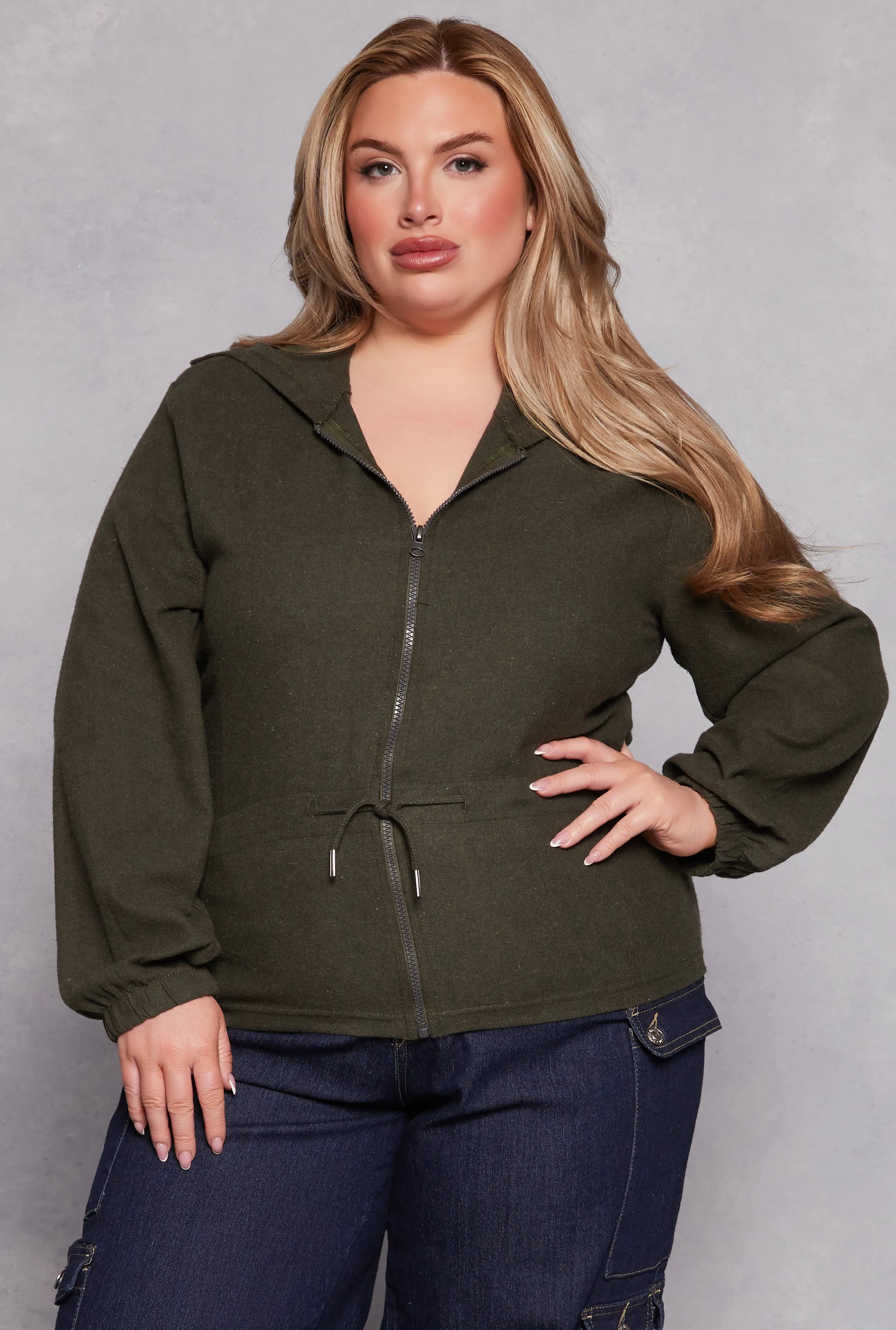 Plus Size Cinched Waist Zip Hooded Top sold by Rainbow